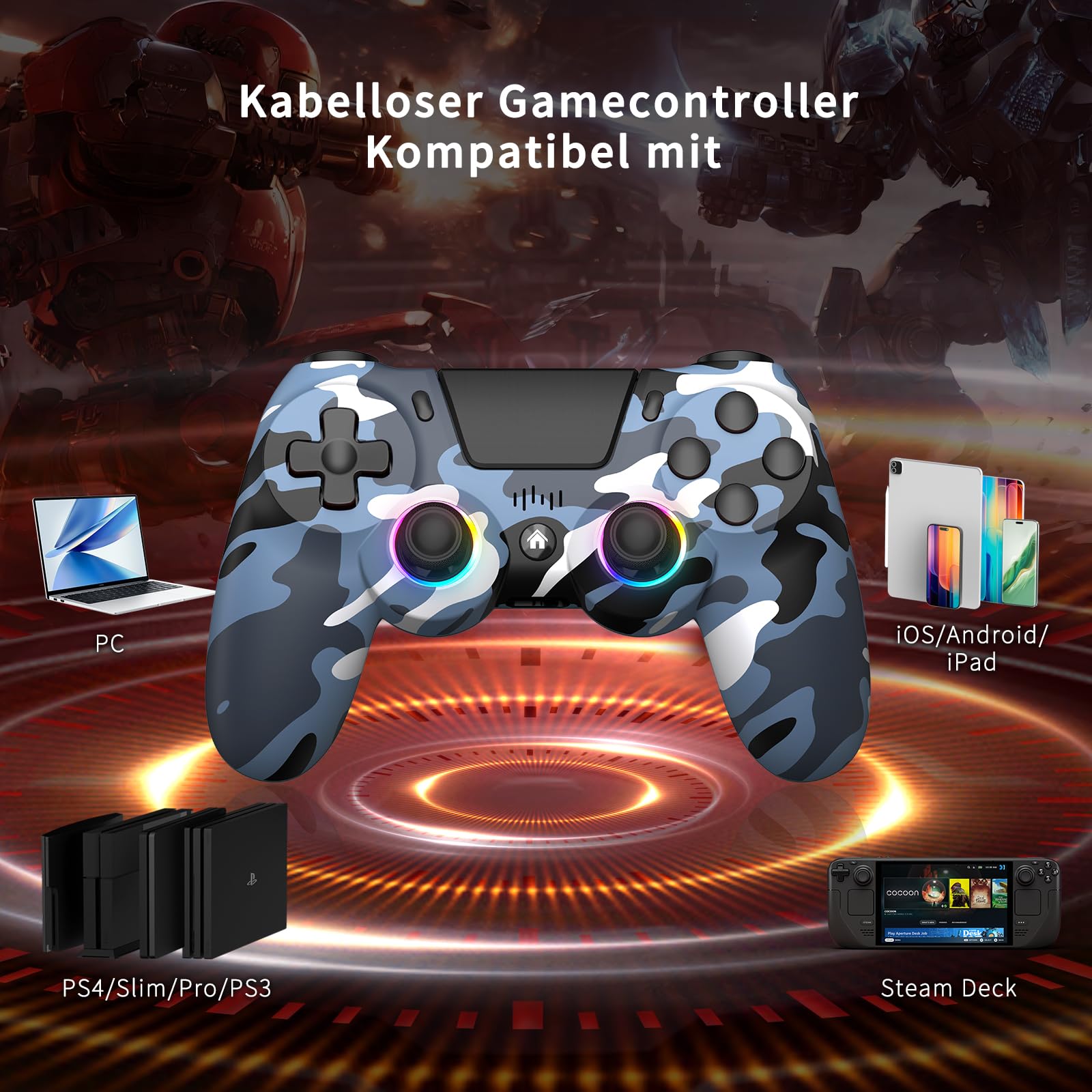 ancihdgm Manette sans fil pour PS4, manette compatible avec PlayStation 4/Pro/Slim/PC/P3/Android/IOS, la manette PS4 est équipée d'une double vibration/gyroscope à 6 axes/lumière RVB/1000 mAh