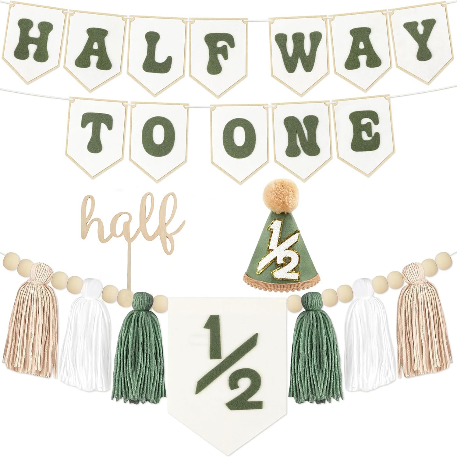 1/2 Birthday Boy Half Birthday Decorations - White Green Half Way to One Banner Cake Topper Tassel Wood Bead High Chair Banner Hat for Boys 6 Months Birthday Decorations Party Supplies — image 1