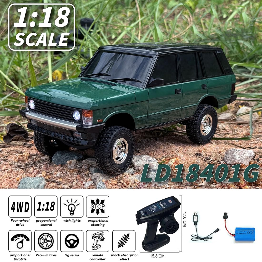 RC Draft Crawlers, skala 1/18 2,4 G 3CH 4WD Off-Road RC model samochodu z wysuwanymi reflektorami, prezent dla dorosłych (wersja RTR/zielony)