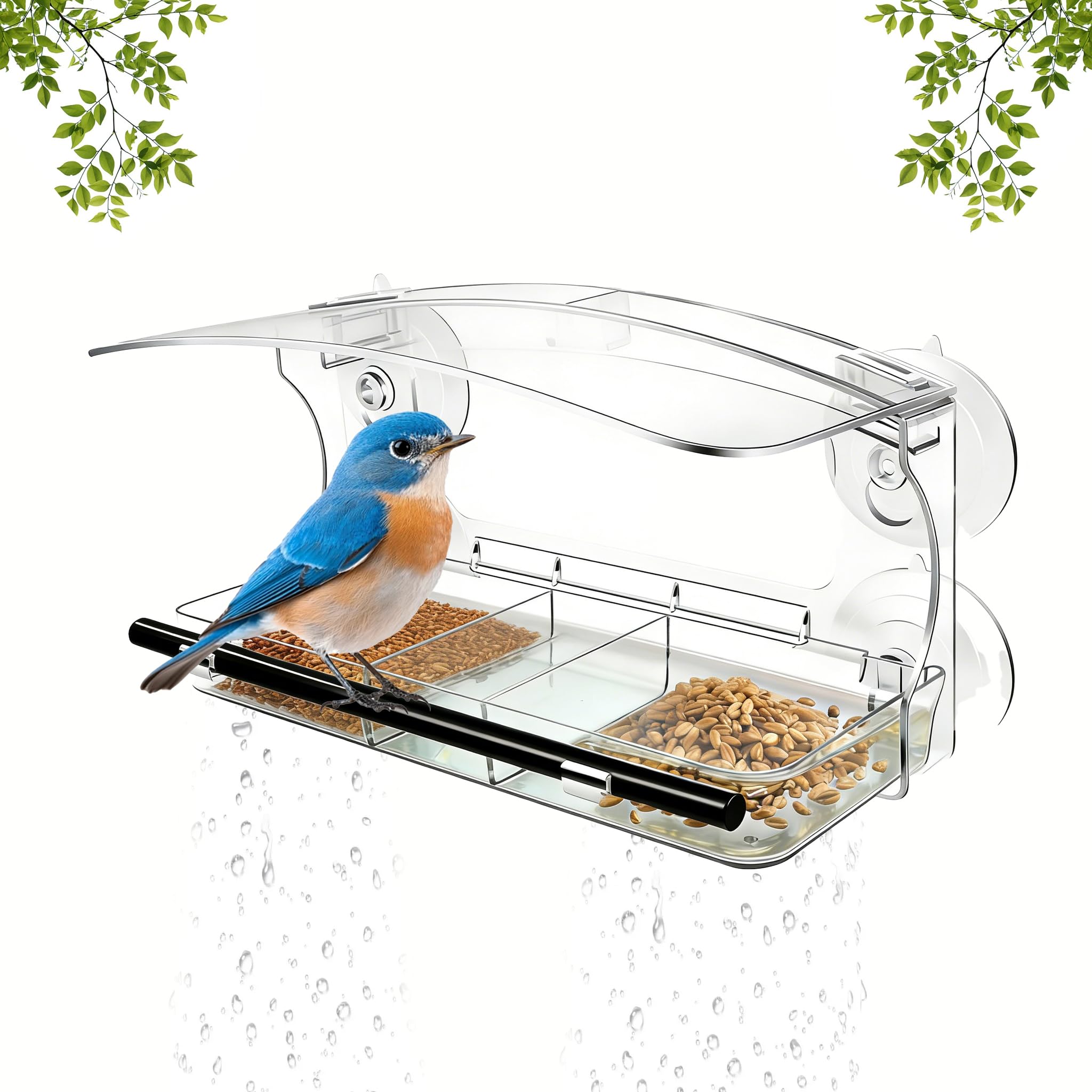 Vogelvoederhuis voor raam, vogelhuisje voor buiten met 4 stangen, acryl venster vogelvoederbak met sterke zuignappen en afvoergaten