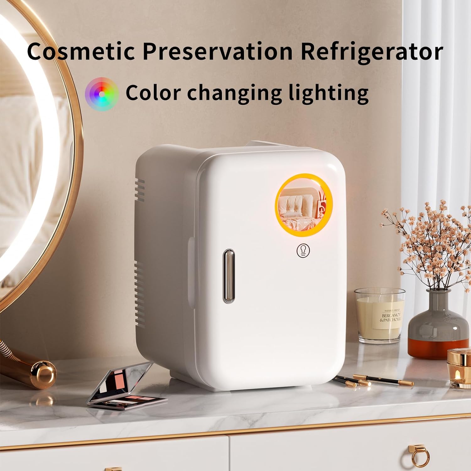 Mini Fridge for Bedroom, 4L/6 Cans Small Cosmetic Fridge for Skincare, Makeup & Drink, With LED Light Mirror, Portable Desk Fridge Cooler and Warmer for Kids, Car, Office, Dorm, White
