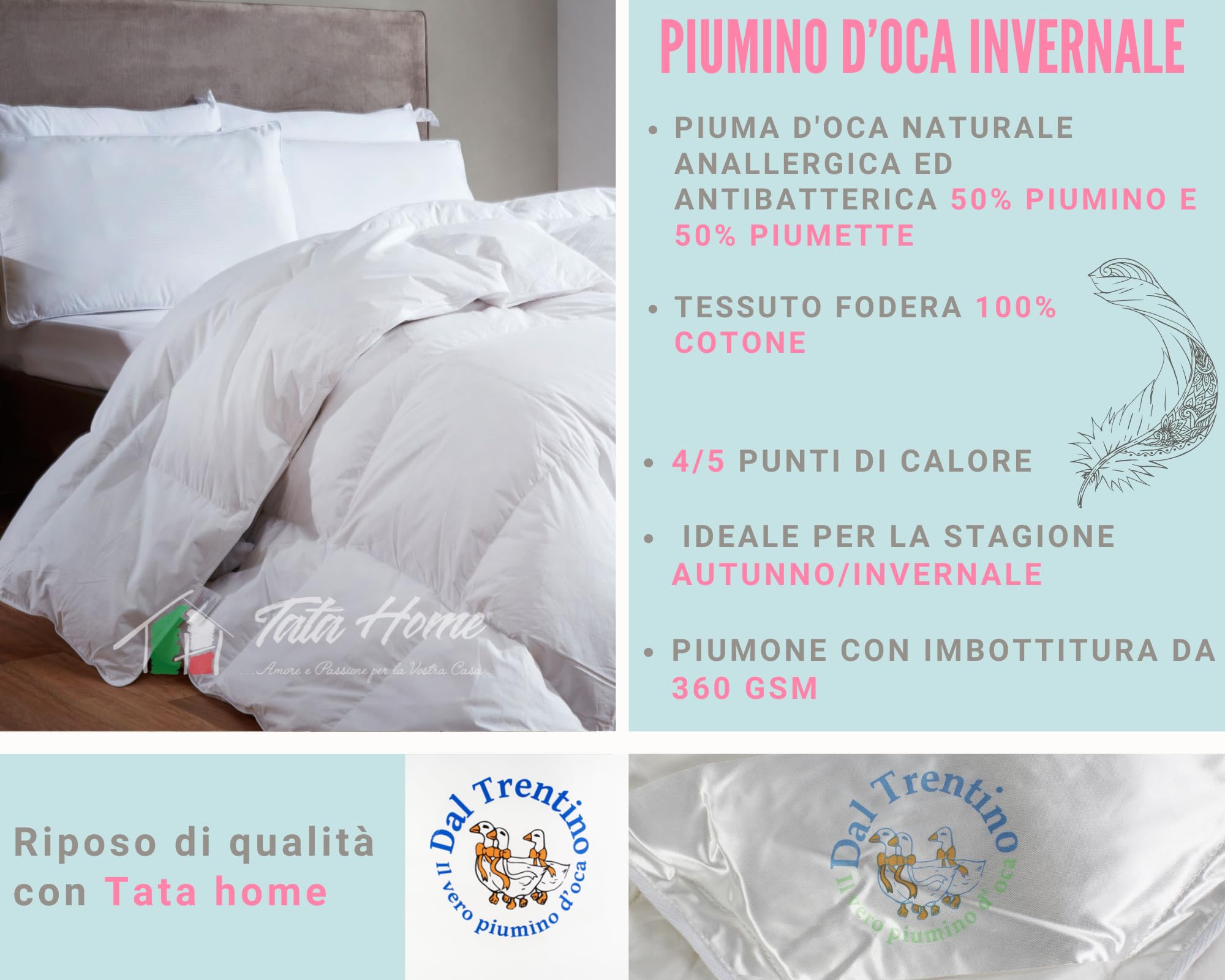 Tata Home Piumino d’Oca Trentino 100% Piuma D'Oca Naturale Caldo e Soffice Piumone Invernale Imbottitura 360 gr/mq Letto Matrimoniale 2 piazze per Sacco 250x200 cm