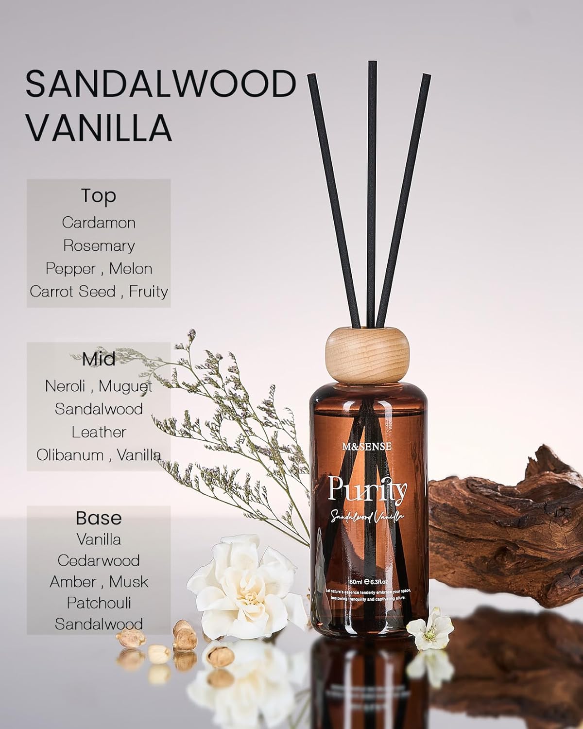 M&SENSE Sandalwood Vanilla Reed Diffuser Set: 6.3 fl oz Non-Toxic Aroma Set with Sticks, Light & Subtle Fragrance, Long-Lasting Natural Essential Oil Gifts for Bedroom, Shelf Decor & Small Spaces - Image 2
