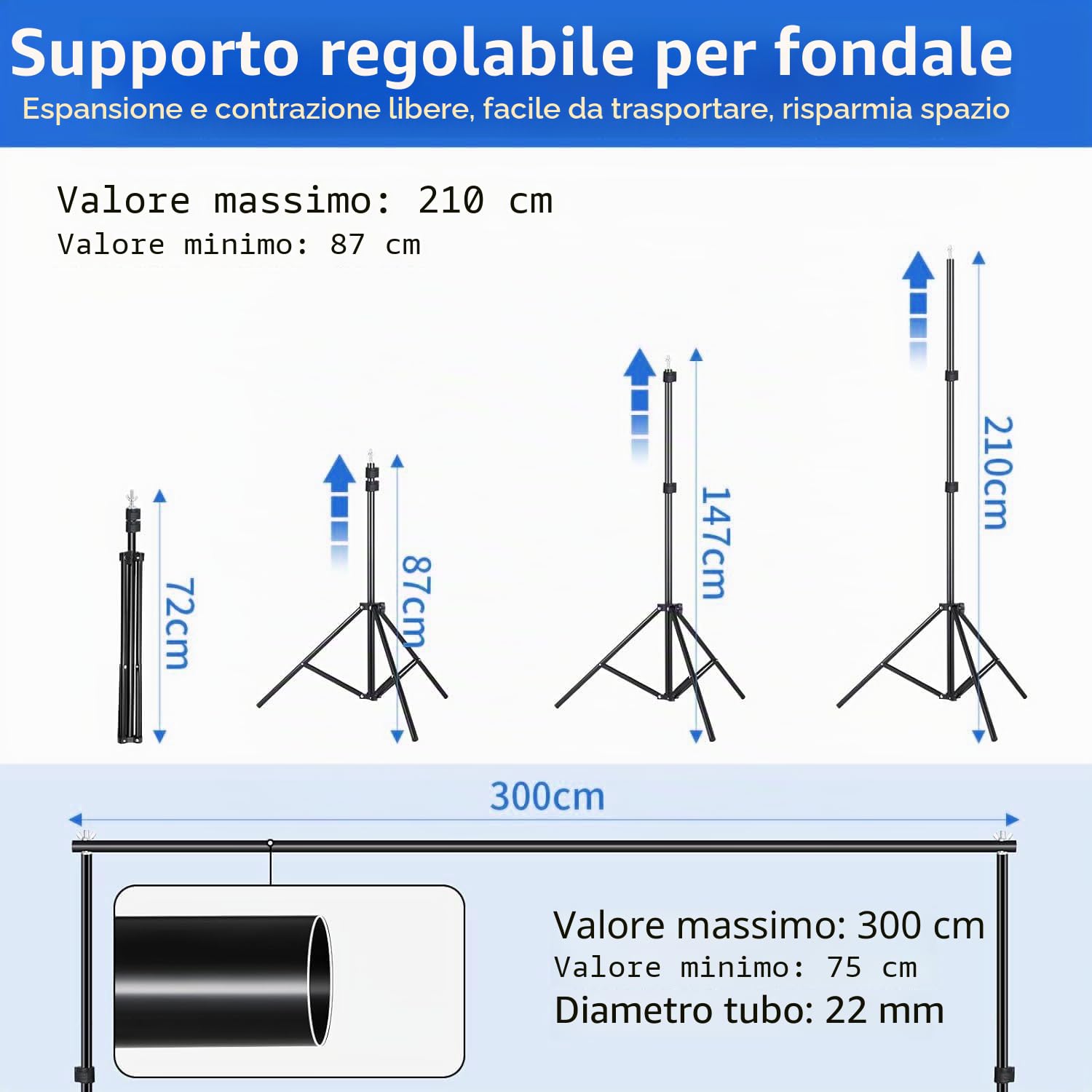 Supporto Fondale Fotografico 2,1 x 3 m, Supporto per Sfondo Fotografico, Kit di Sfondo Regolabile con 8 Morsetti, 2 Sacchi di Sabbia, 1 Borsa per il Trasporto, per Studio Fotografico, Ritratto