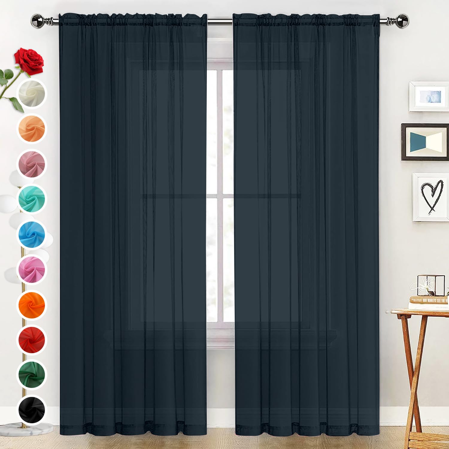 SpaceDresser Sheer Voile Window Treatment Rod Pocket Curtain Panels for Kitchen Bedroom Living Room Drapes Sunlight Filtering Privacy Semi Home Decor Assorted Colors Sizes (Charcoal Grey, 52 W x 63 L) โ image 1