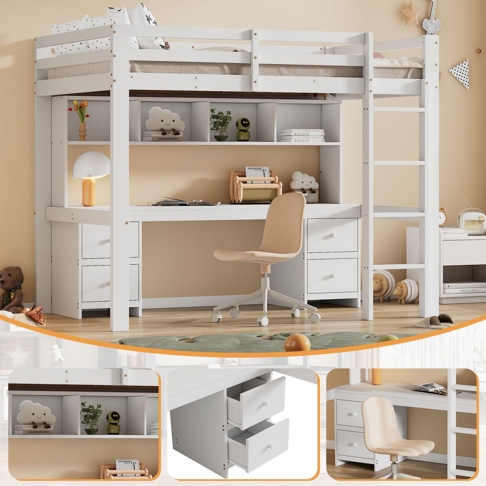 KOMHTOM Lit en Mezzanine Surélevé avec Compartiments de Rangement, 90 x 200cm Simple avec Bureau sous Le Cadre, Support à Lattes (sans Matelas) (Blanc)