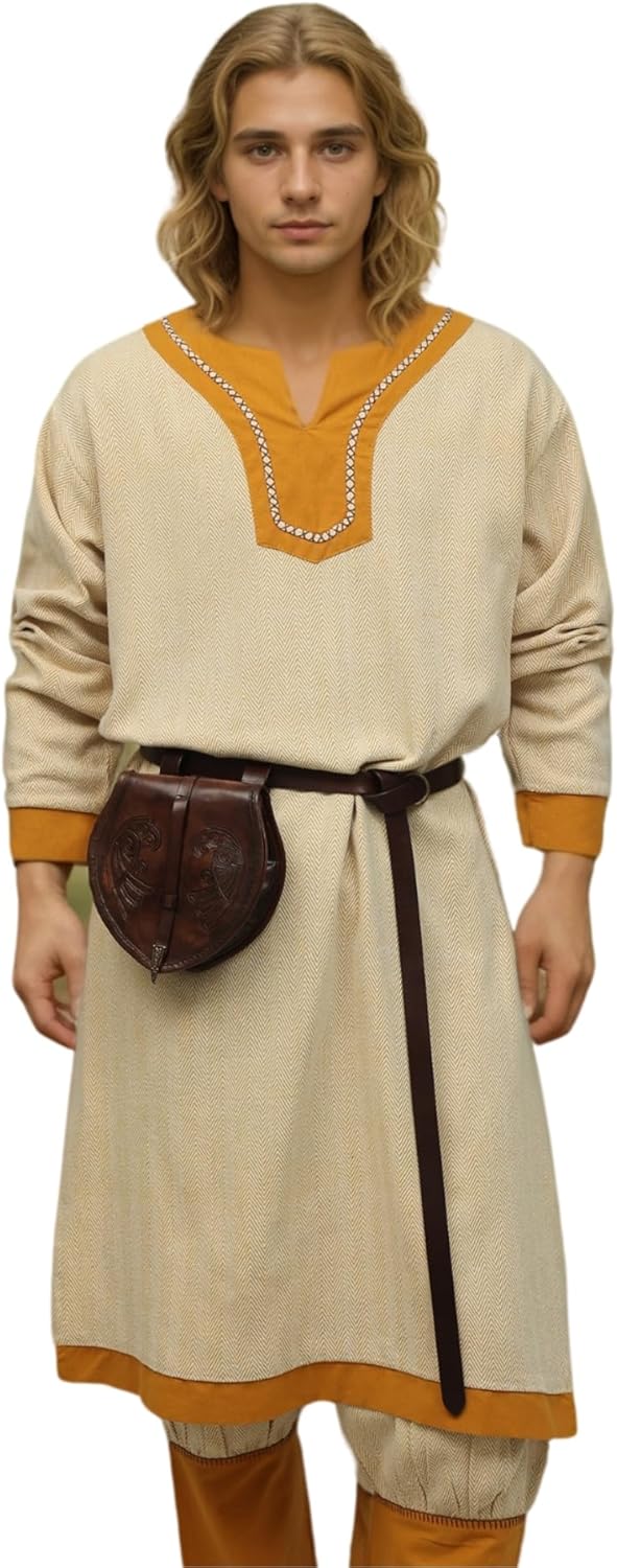 Nordic Runeweave Viking Tunic | Yellow Herringbone Cotton XL/XXL Size Men for Reenactment | Viking Costume Men | Viking Costume | Viking Cosplay | Fantasy Cosplay Renaissance Costume