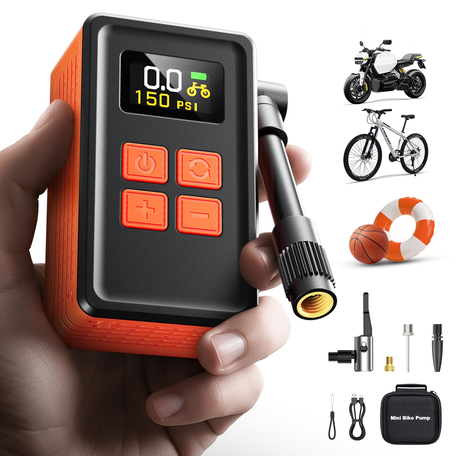 MCY Portable and Mini Bike Pump with Guage,20s Fast Inflate Electric Bike Tire Pump with 150PSI,Bicycle Pump with Presta,Schrader Valve,Auto Stop,Clear Pressure Display,Motorcycle,Ball,Swimming Ring