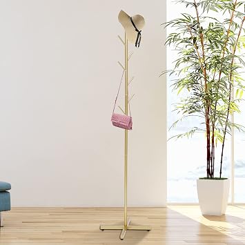 Metal Coat Rack Stand 7 Hooks Free Standing Coat Rack Tree-Shaped Coat Rack Hat Hanger Entryway Organizer for Clothes, Hats, Bags Gold