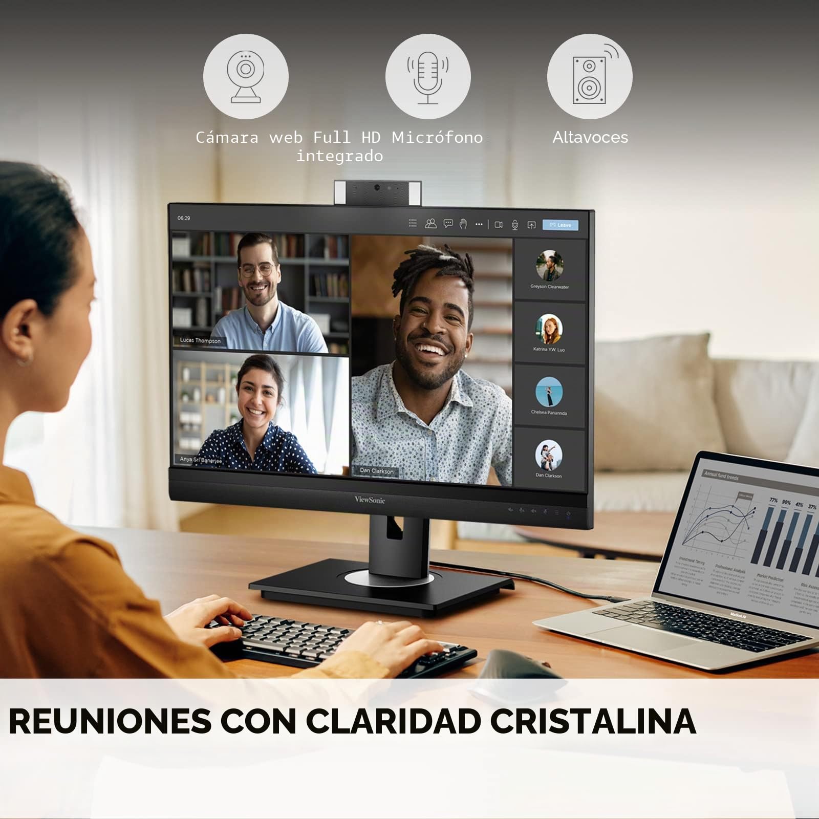 ViewSonic VG2756V-2K Monitor de videoconferencia de 27 Pulgadas 1440p con cámara Web, alimentación de 2 vías USB C de 90 W, Acoplamiento Gigabit Ethernet RJ45 Integrado, ergonómico de inclinación de