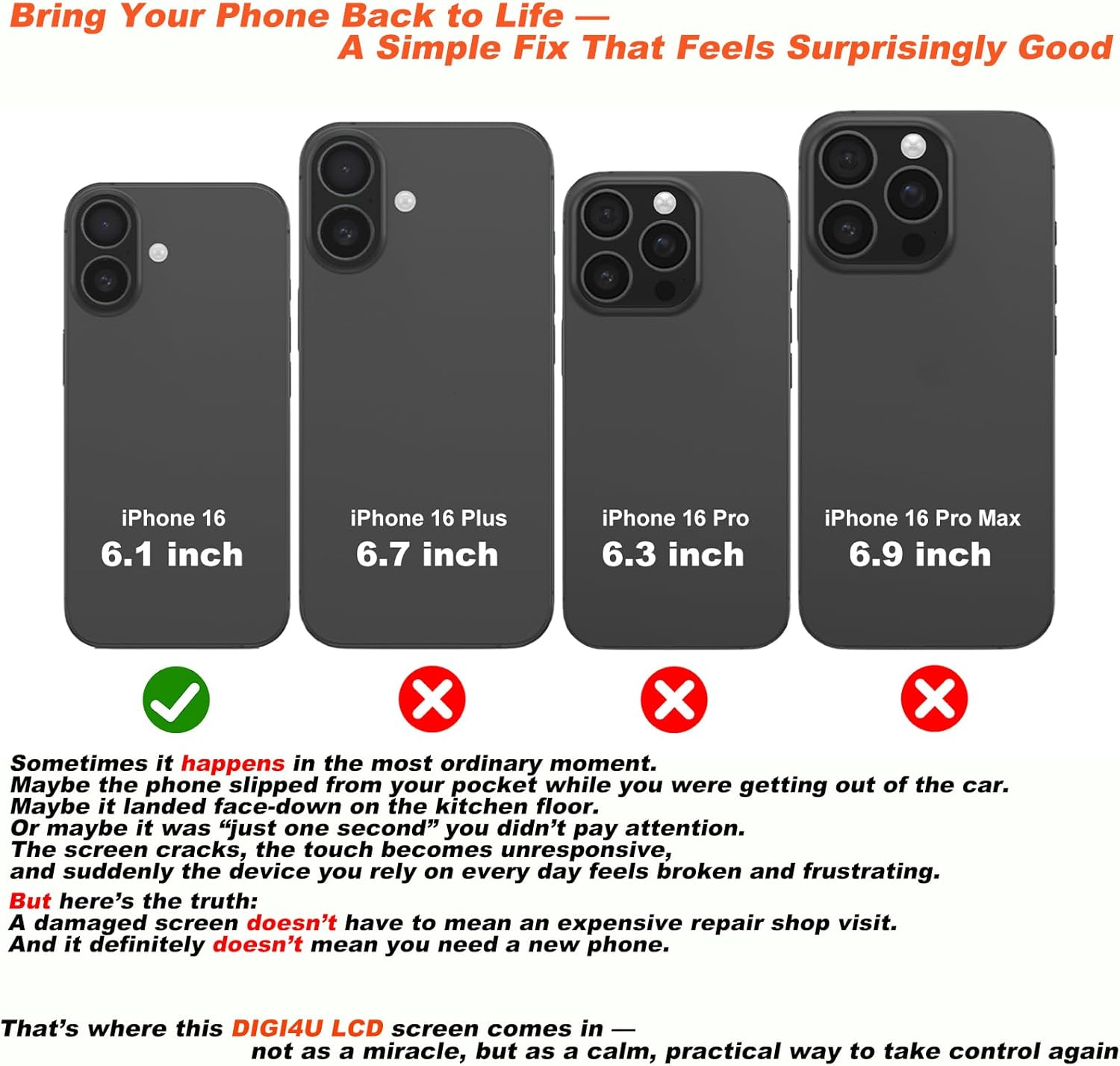 DIGI4U LCD for iPhone 16 Screen Replacement, 6.1''[3D Touch][Small Notch] Screen for iPhone 16 Display Digitizer Assembly, with Repair Tools for iPhone 16 LCD