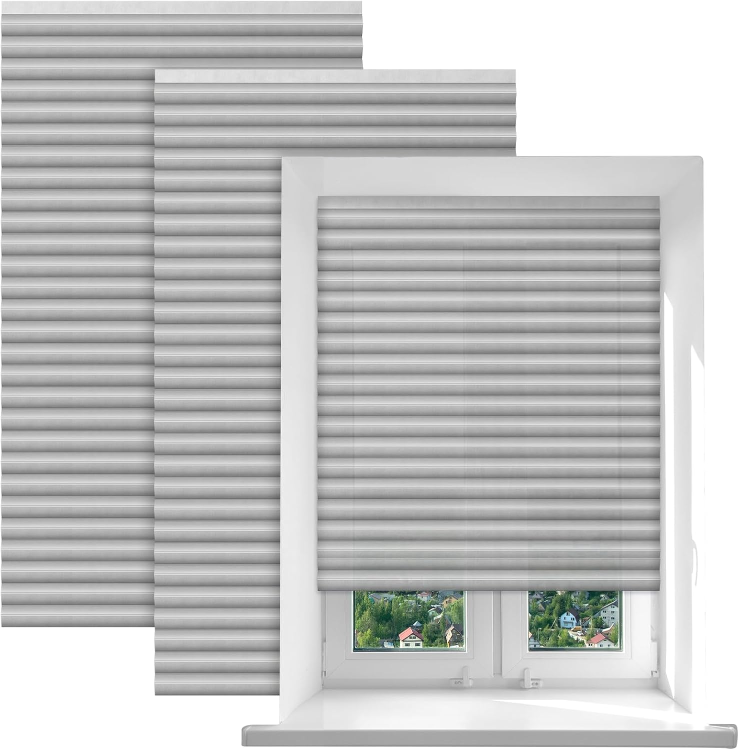 Threehoney 2-Pack Light Gray Temporary Pleated Shades - No Drill Adhesive Blinds, Cut-to-Size Privacy for Sliding Doors, French Doors, Windows