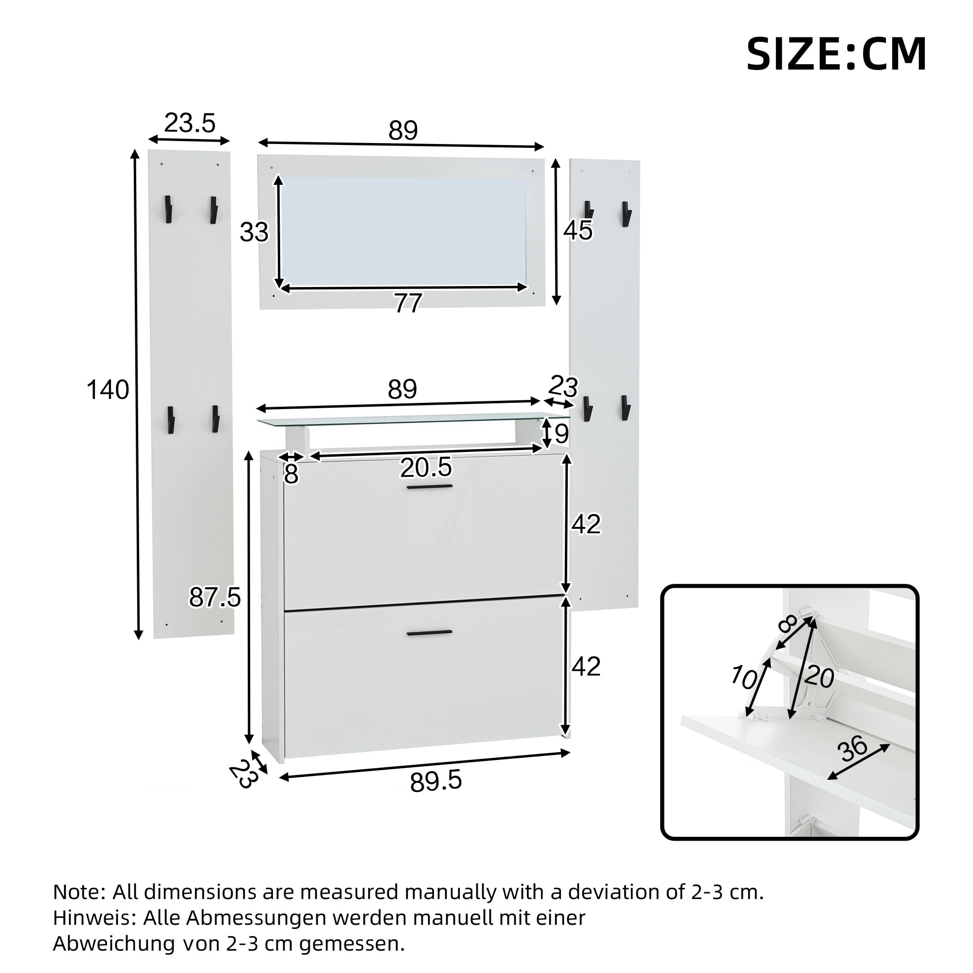 Merax Garderoben-Set 4-teilig, Flur Garderoben Komplettprogramme mit 1 Schuhschrank, 1 Wandspiegel, 2 Garderobenpaneele, Stylishe Wandgarderobe mit Haken, Flurmöbel aus Holz, Ideal für Eingang, Weiß