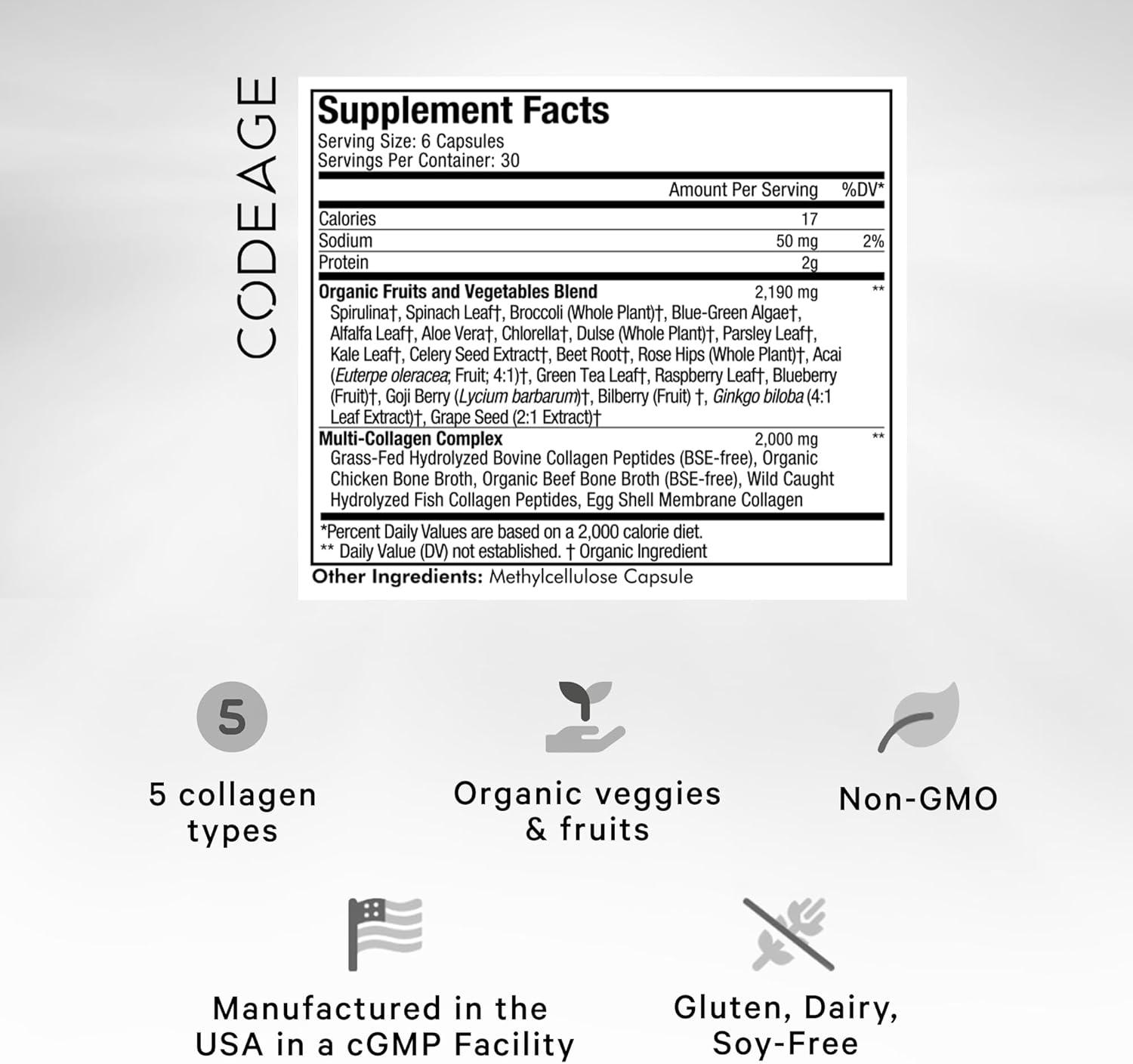 Codeage Multi Collagen Protein + Organic Raw Greens Superfood Capsules Supplement, 21 Fruits & Veggies, Grass-Fed Hydrolyzed Collagen Peptides, 5 Types All-in-One, 180 Count - Image 2