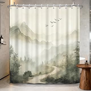 Mountain Landscape Shower Curtain with Hooks, Zen Inspired Design with Birds & Scenic Path, Waterproof Fabric Bath Curtain for Nature Lovers Bathroom Decor, 71x74 Inch