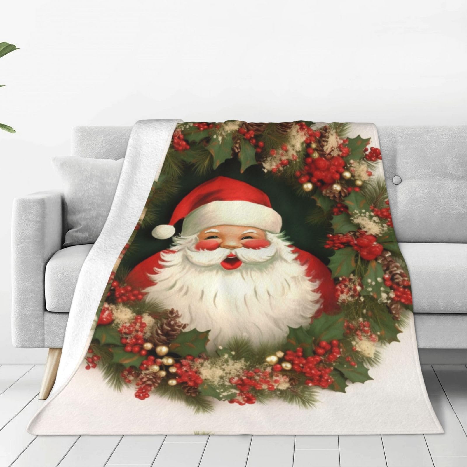 Christmas Holiday Santa Claus Wreath Throw Blanket for Couch, Plush Fuzzy Soft Flannel Blankets and Throws for Sofa, 40"x30" Bed Blankets for Travel Camping Chair, All Season Warm Fleece Blanket