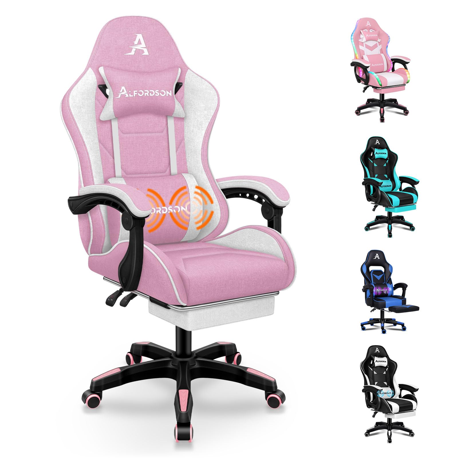 ALFORDSON Silla Gaming Ergonómica con Masaje, Silla Gamer de Oficina con Lumbar Massaggiante, Reposapiés Retráctil,Altura Ajustable,Reclinable 150°,Asiento Cómodo,Soporta 180 kg, Lino(Blanca y Rosa)