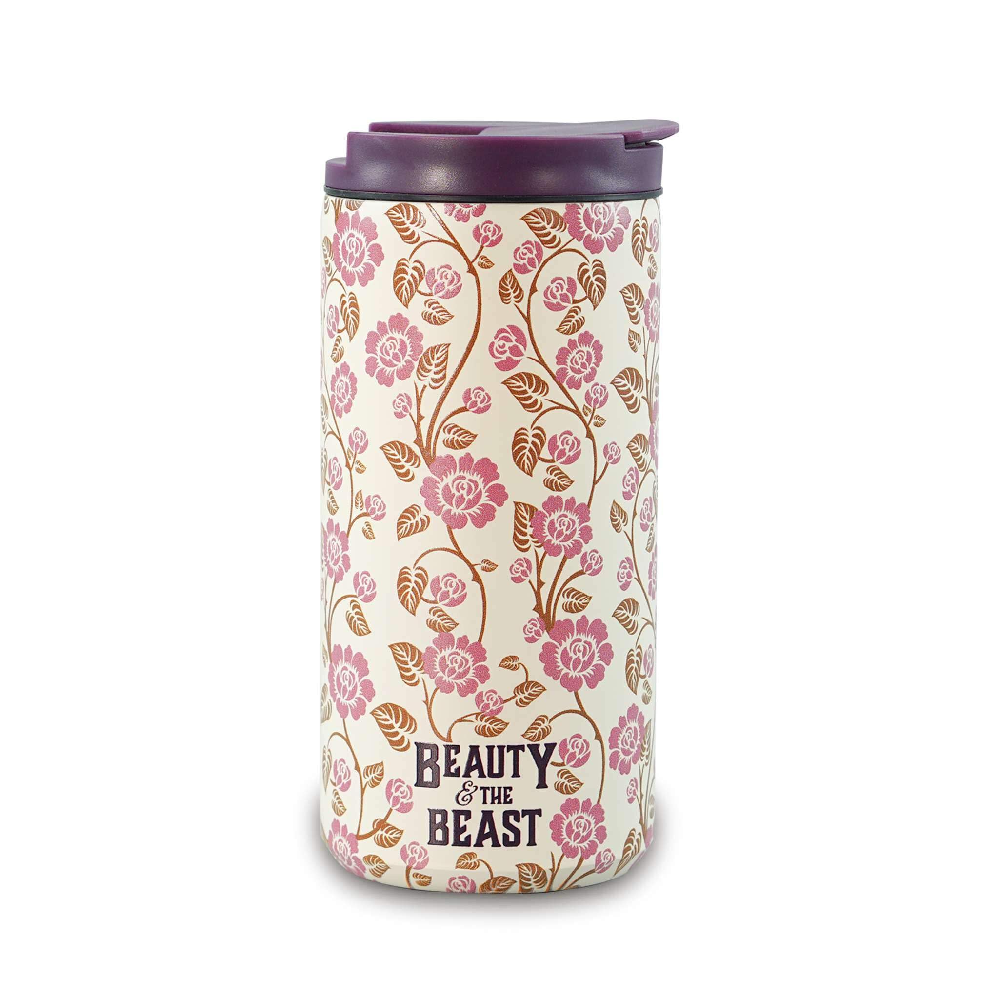 Half Moon Bay | La Belle et la Bête | Tasse de voyage isotherme réutilisable de 350 ml | Tasse à café thermique en acier inoxydable crème et mauve foncé | Collection littéraire haut de gamme | Cadeau