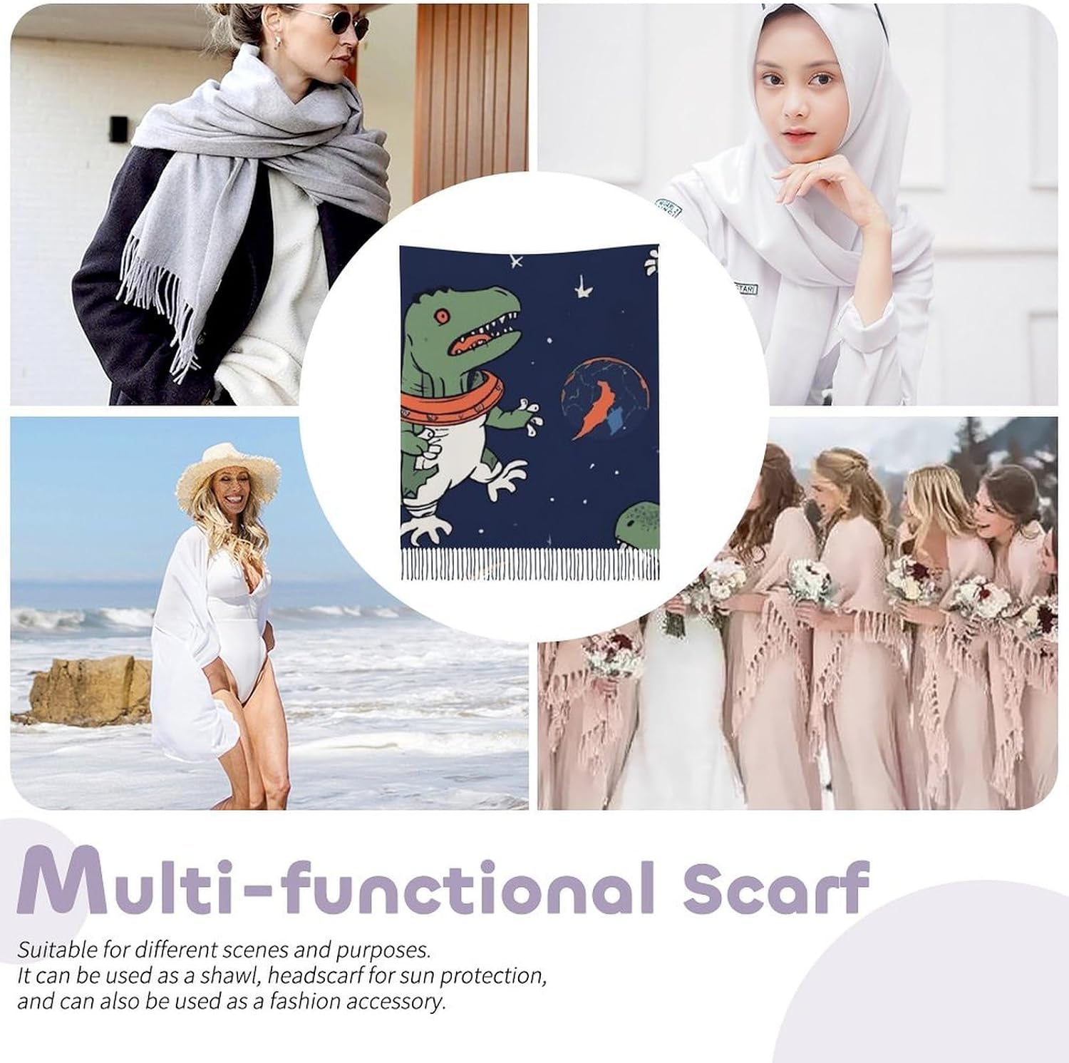 Funny Astronaut Dinosaur Rocket Scarf for Men Women Fashion Shawl Wrap with Tassels Edge for Festivals All Seasons