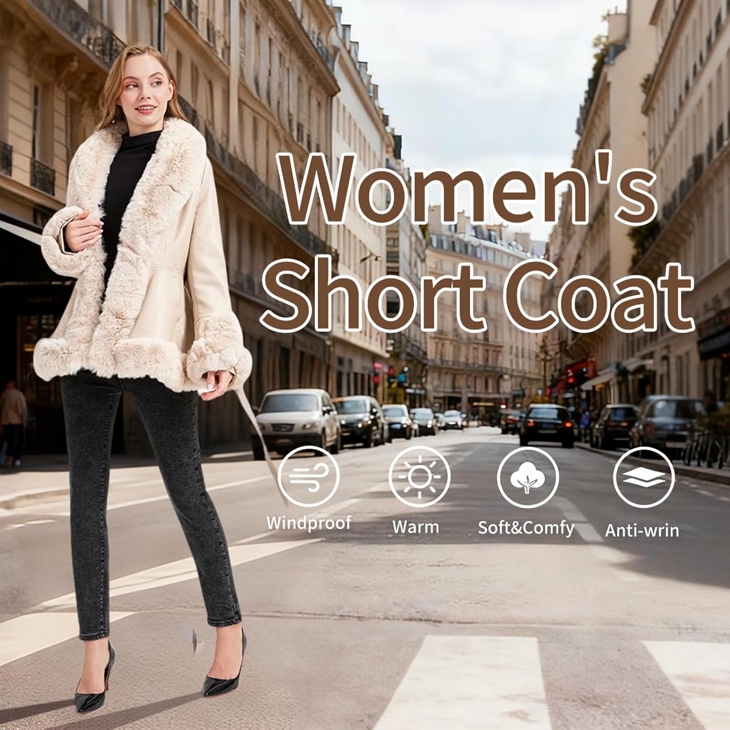 Women Warm Trendy Cropped Faux Fur Coat Fluffy Open Front Jacket Faux Leather Bubble Shaggy Short Fall Cardigan - Image 8