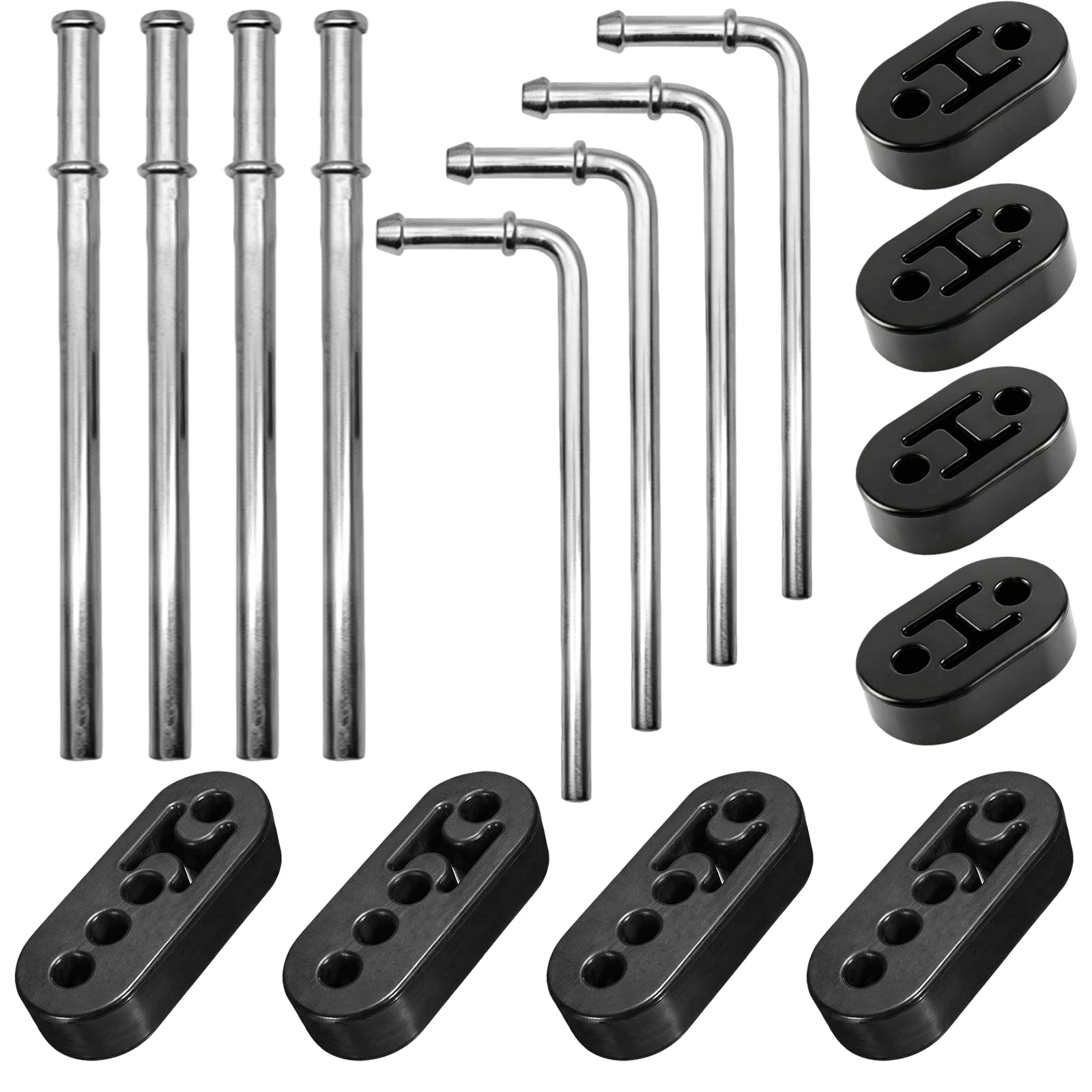 BRGD 16 Stück Auspuffhalterungsset, 2/4 Loch Universal Auto Gummi Auspuff mit Enthält 8 Stück 90°/180° gewinkelte Stangen zum Autos, SUVs, CRVs, Lochdurchmesser 1,2 cm