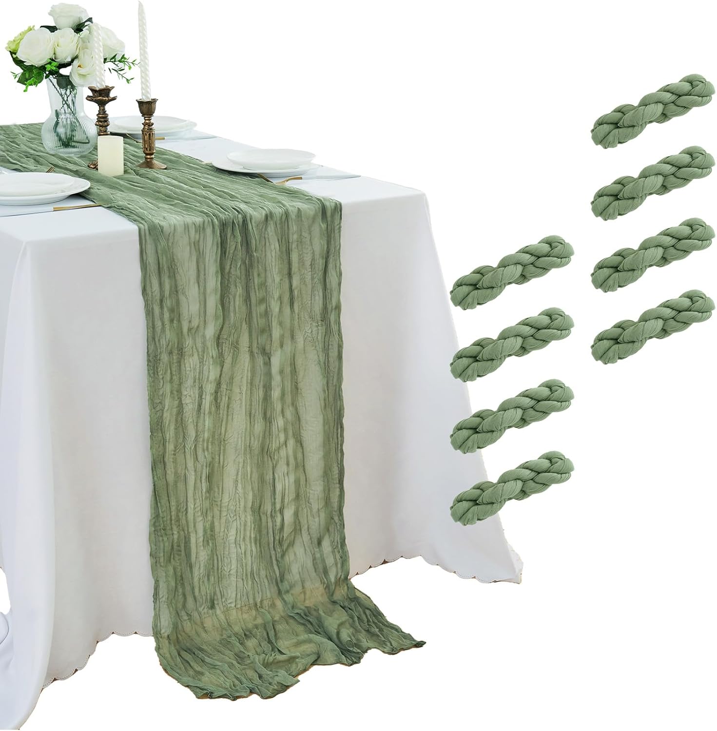 8Pcs Cheesecloth Table Runner 10FT 21.6 x 120 Inch Boho Rustic Gauze Table Runners for Wedding Birthday Baby Shower Summer Garden Party Home Decor(Sage Green)