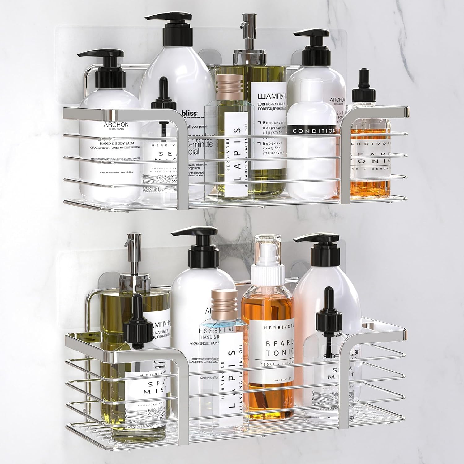 JIALTO Adhesive Shower Organizer With 3 Hooks/No Drilling Wall Mounted Rustproof Stainless Steel Shower Shelf/SUS 304 Stainless Steel Organization for Bathroom Kitchen (SILVER)