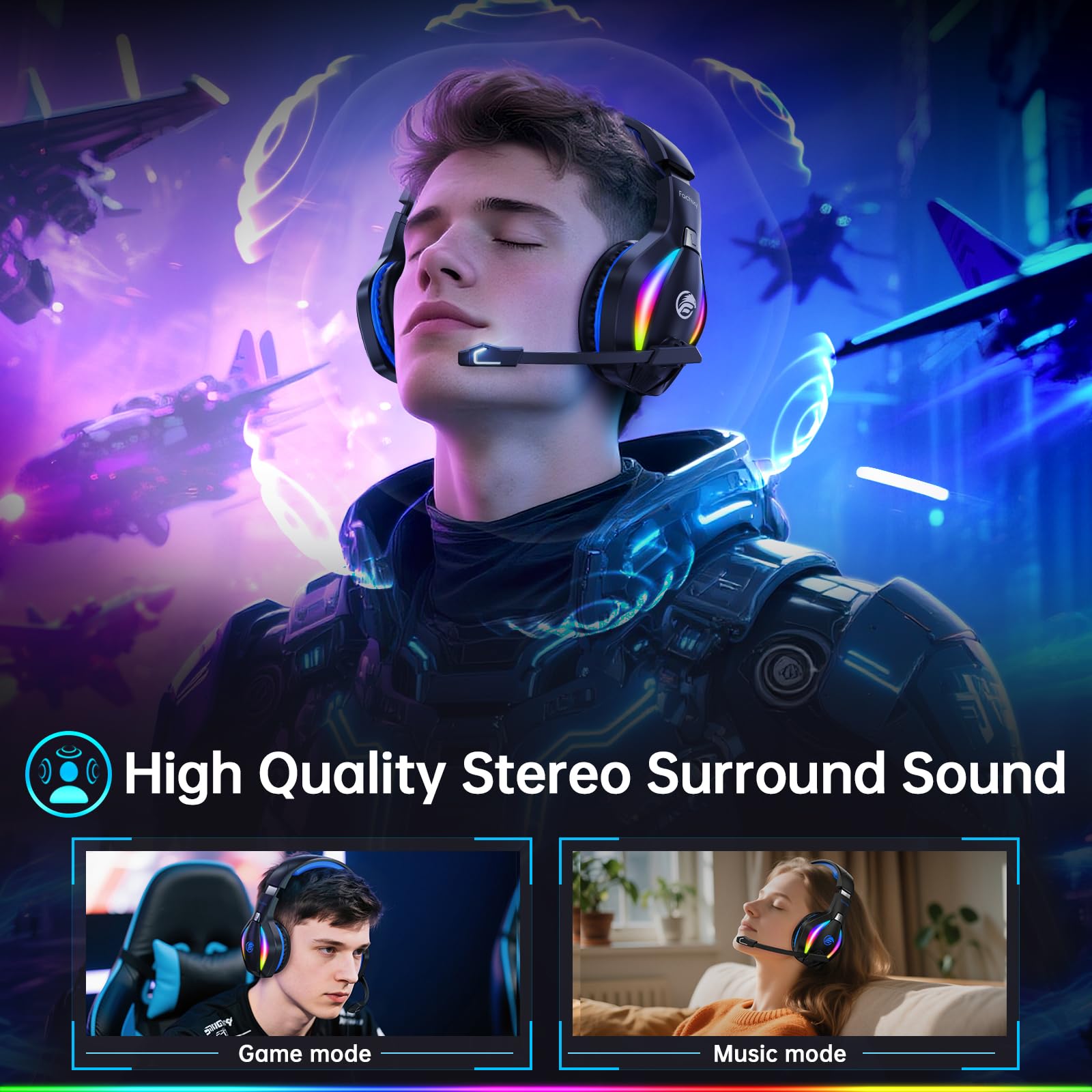 Fachixy FC100 Casque de Jeu sans Fil avec Microphone, 2,4 G, pour PS5, PS4, PC, Switch, Mac, Son Surround, Bluetooth, sans Fil, avec lumière LED, Plus de 50 Heures d'autonomie