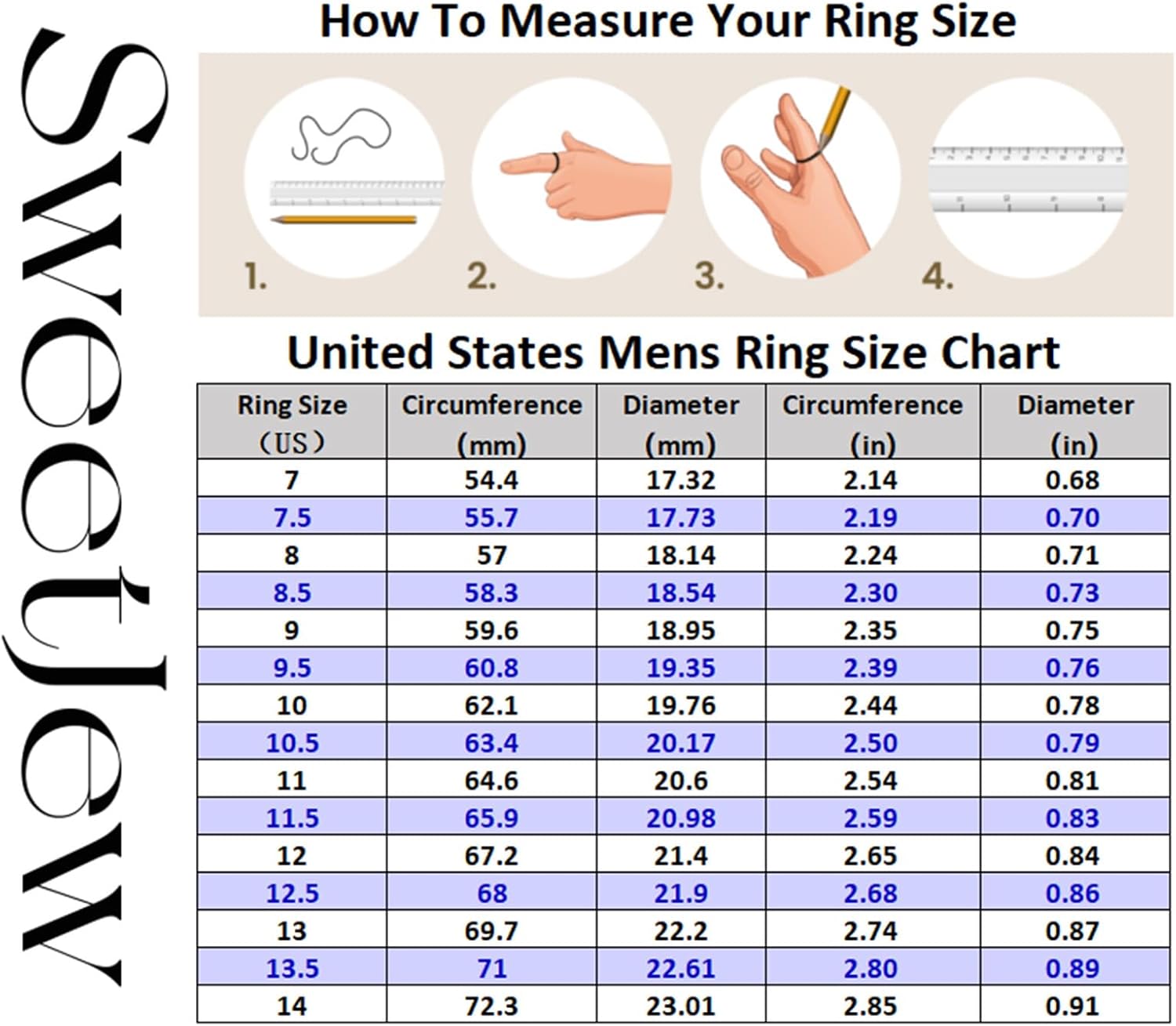 Sapphire Ring 925 Sterling Silver Mens Wedding Band Pave 5A Cubic Zirconia Round Cut Blue Gemstone Promise Ring For Him Size 7-14 - Image 6