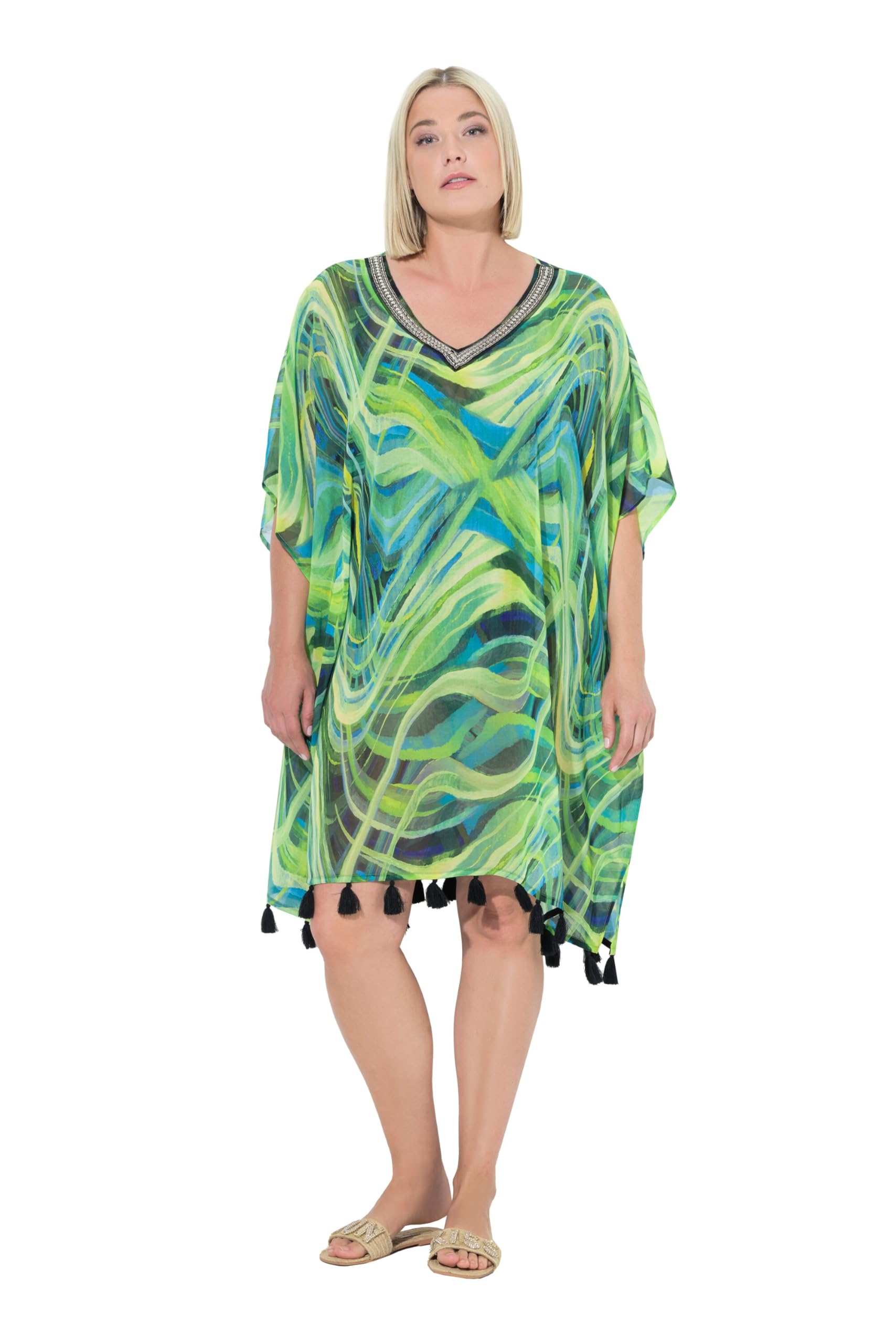 Ulla Popken Chiffon-Tunika, Wellen, Oversized, V-Ausschnitt, Halbarm Vestido Mujer