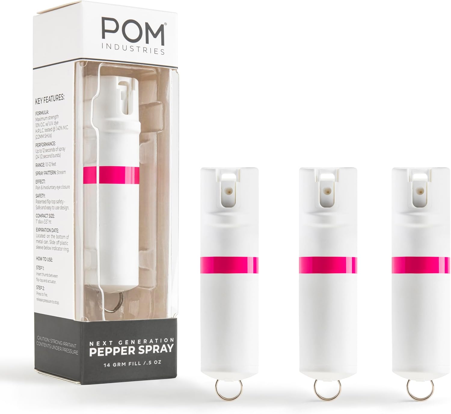POM Pepper Spray Keychain - Flip Top Safety - Maximum Strength OC Spray Self Defense - Tactical Compact & Safe Design - Quick Key Release - 25 Bursts & 10 ft Range