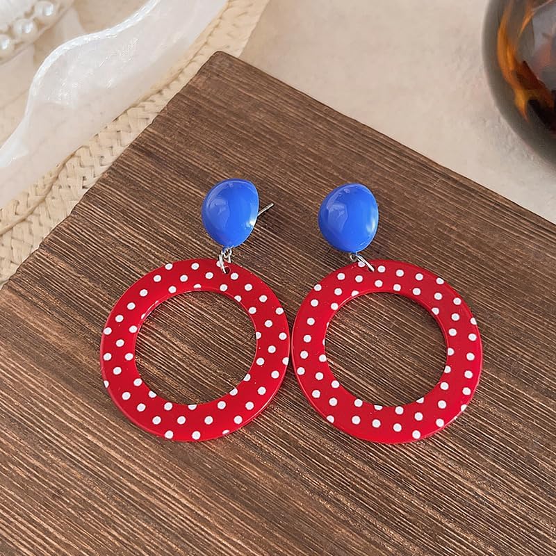 Retro Polka Dot Hoop Earrings – Bold Red and Blue Acrylic Circle Dangle Earrings for Women, Vintage Statement Jewelry - Image 4