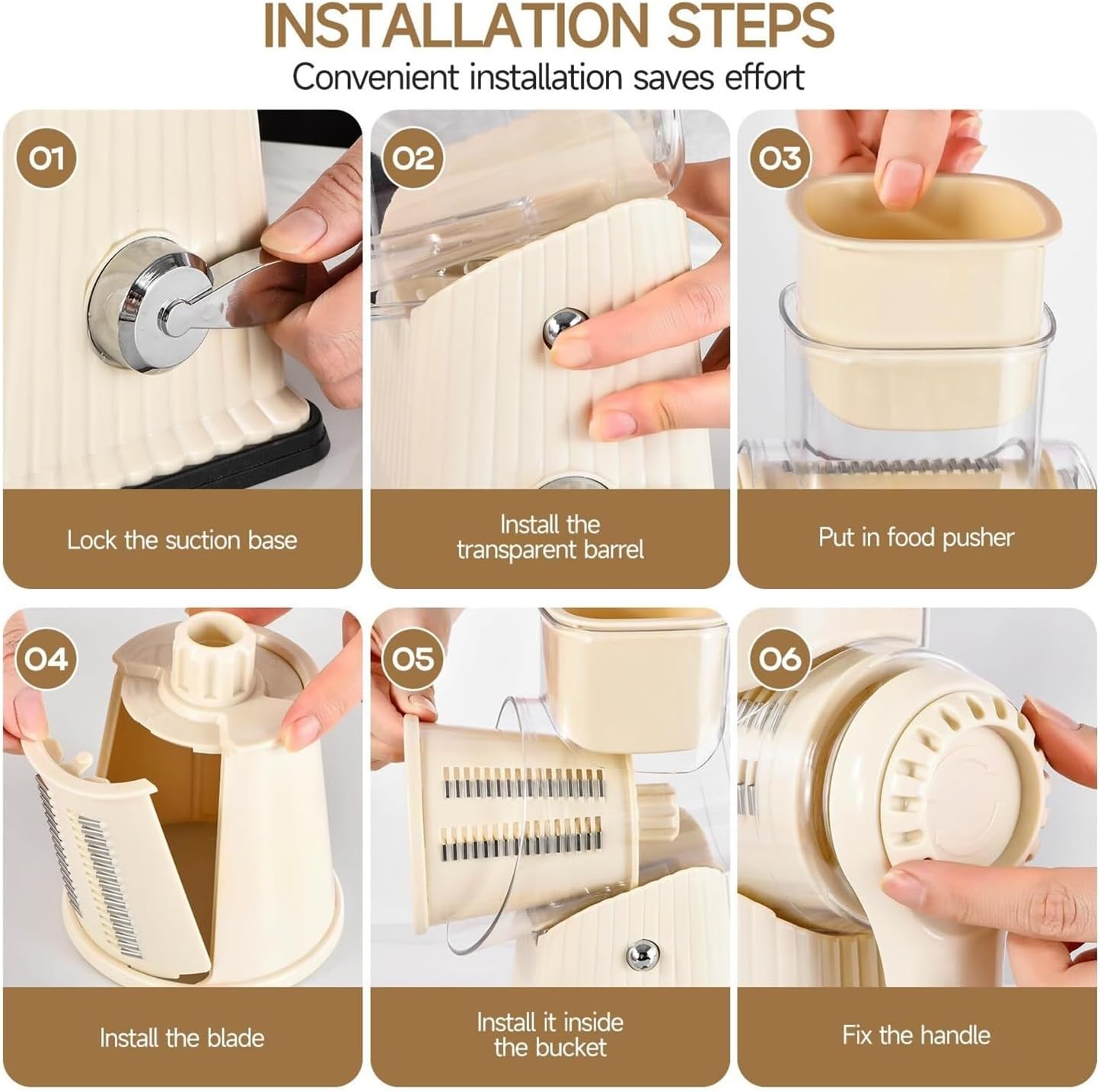 5-in-1 Rotary Cheese Grater & Vegetable Shredder, Hand Crank Grater with Reinforced Suction Base, Kitchen Chopper for Ice, Fruits, Nuts – White, with Blade Storage Case(White)