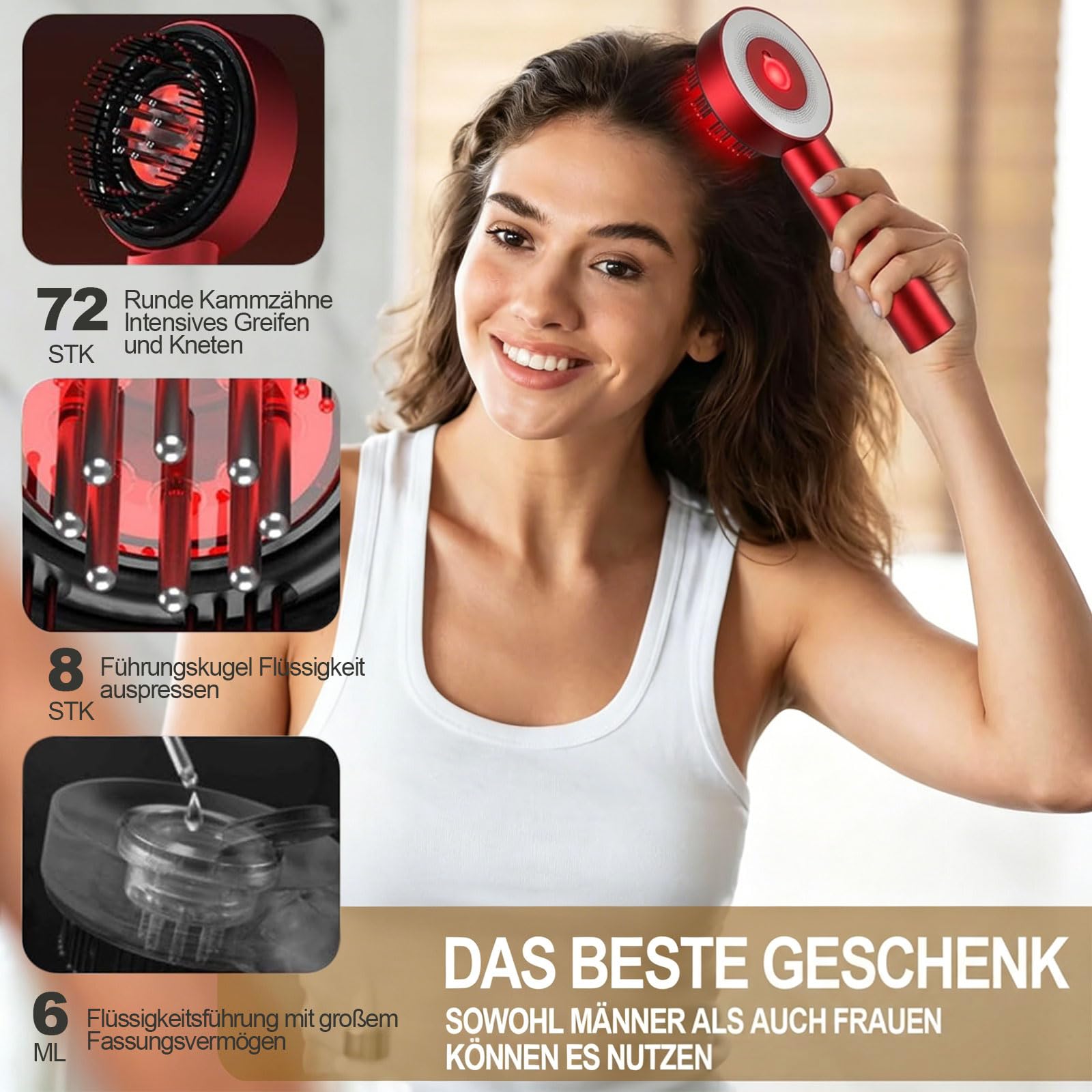 3-in-1 Rotlicht Haarbürste Elektrisch Kopfmassagegerät - Kopfhaut Massagebürste Elektrisch+6ml Haaröl Applikator+Rotlichttherapie, Kopfhautmassage Applikator mit 3 Modi Rotlicht/Blaulicht/Mischlicht