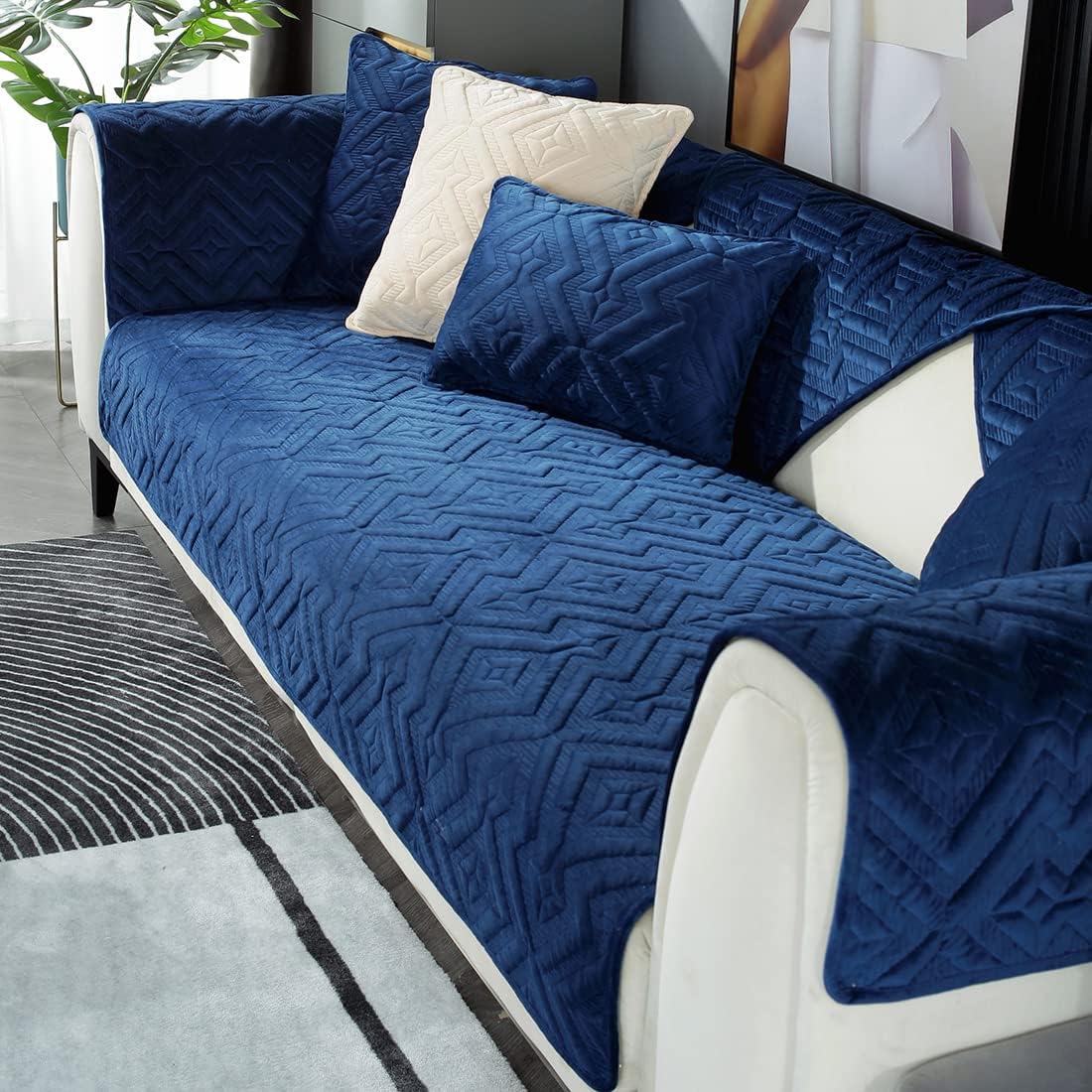 vctops Velvet Plush Diamond Pattern Sofa Couch Cover Solid Color Non Slip Sectional Couch Covers Soft Warm Thicken Sofa Slipcover for Dogs, Children, Pets Furniture Protector(Dark Blue,34"x82")