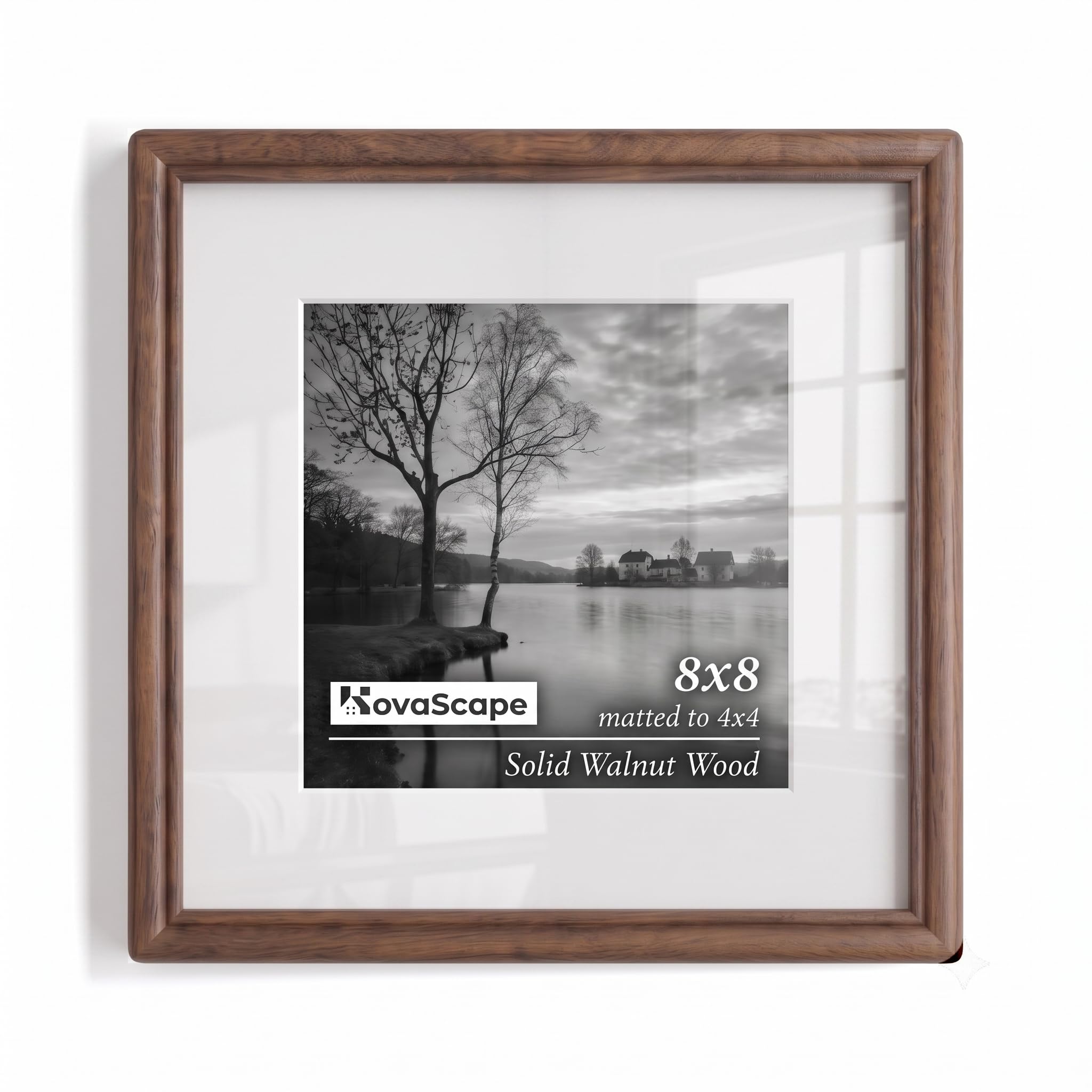 KovaScape Square Picture Frame, Solid Walnut Wood Frame, Double Arc Round Corner Hand Craft Photo Frame, 8x8 Matted to 4x4, 8 by 8 Frame with HD Real Glass,Wall or Tabletop Display,Pack of 1