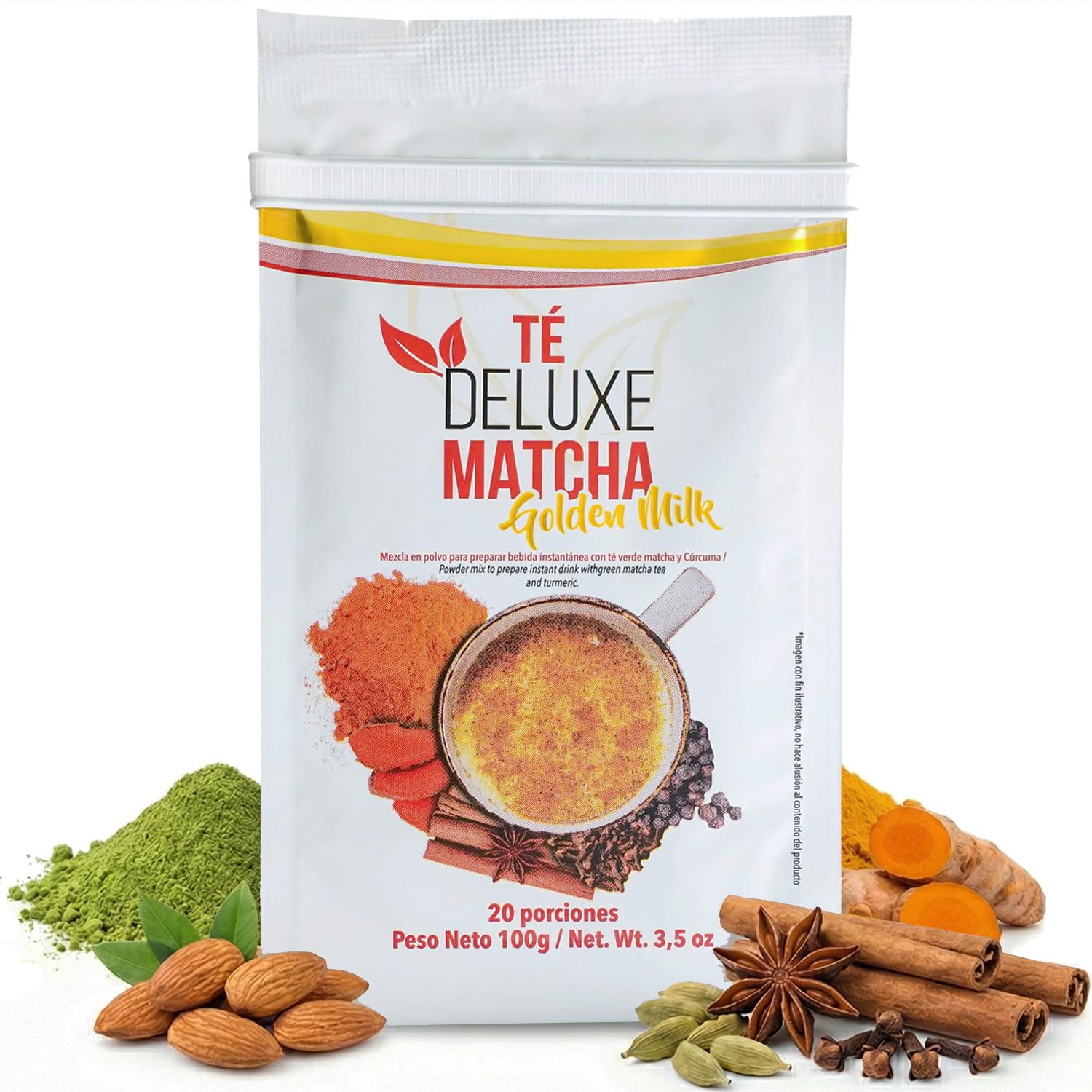 TÉ DELUXE Premium Matcha Golden Milk Powder with Turmeric, Ginger, Almond & Green Tea | Gourmet Spiced Chai Blend for Instant Tea Latte | |