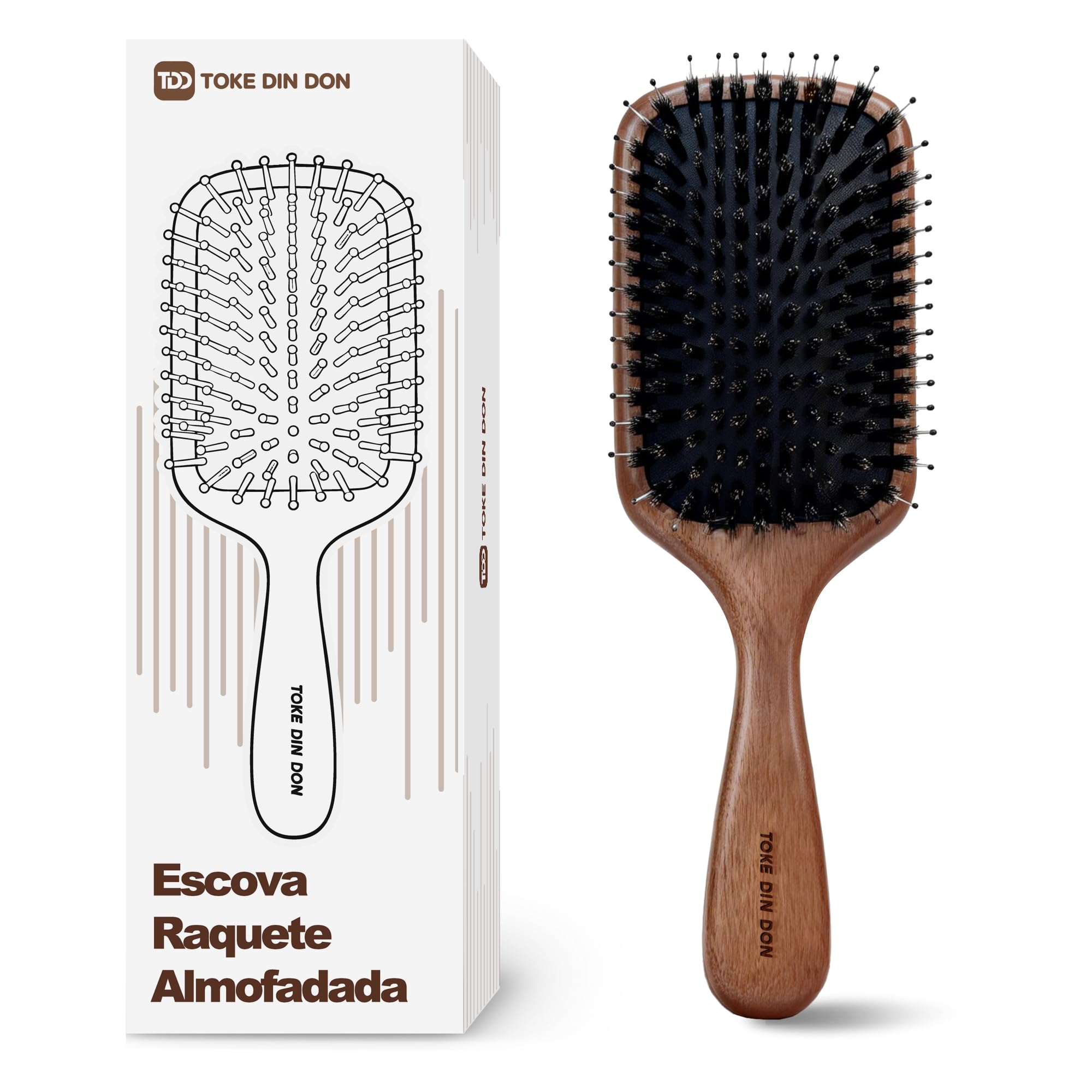 Escova de Cabelo Raquete Almofadada DuoMix Javali e Nylon | Quadrada, Brilho e