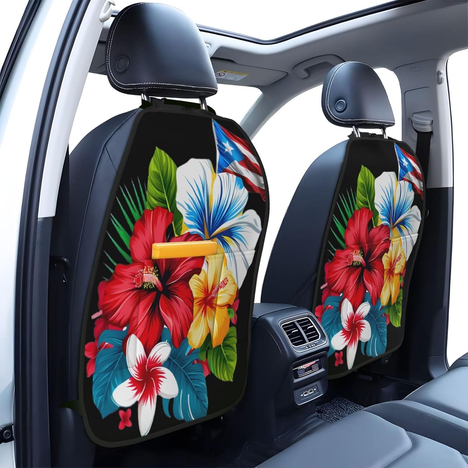 Hawaiian Flower Pr State Flag 2-Piece Set of Car Seat Kick Protectors for Front Seat Backrests, Used for Car Rear Seat Backrests Protectors