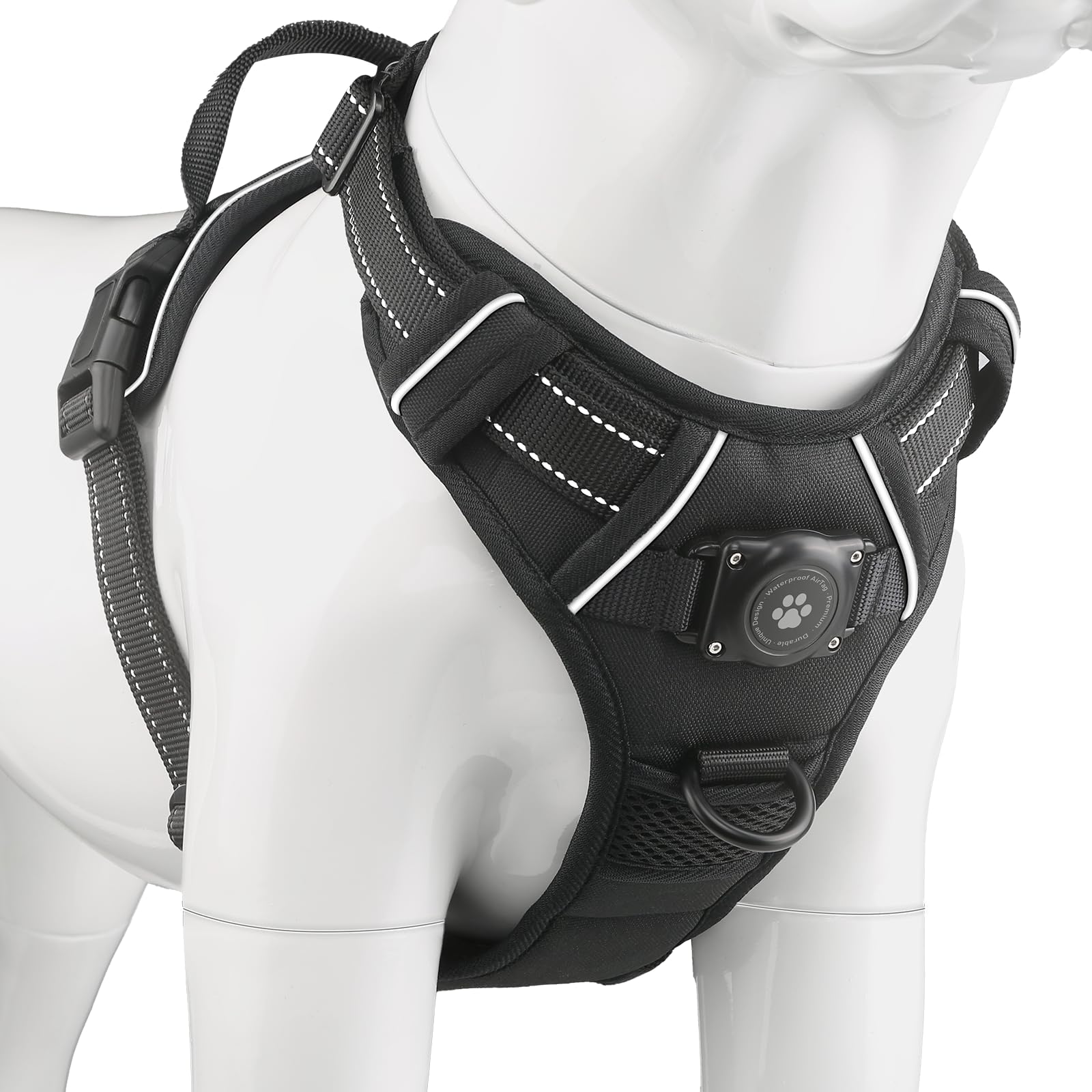 AirTag Dog Harness, Integrated Dog Vest with 100% Waterproof Air Tag Holder, No-Pull No-Choke Reflective Dog Vest Harness with Apple Air Tag Case for Small Medium Large Dogs (Black, XL)