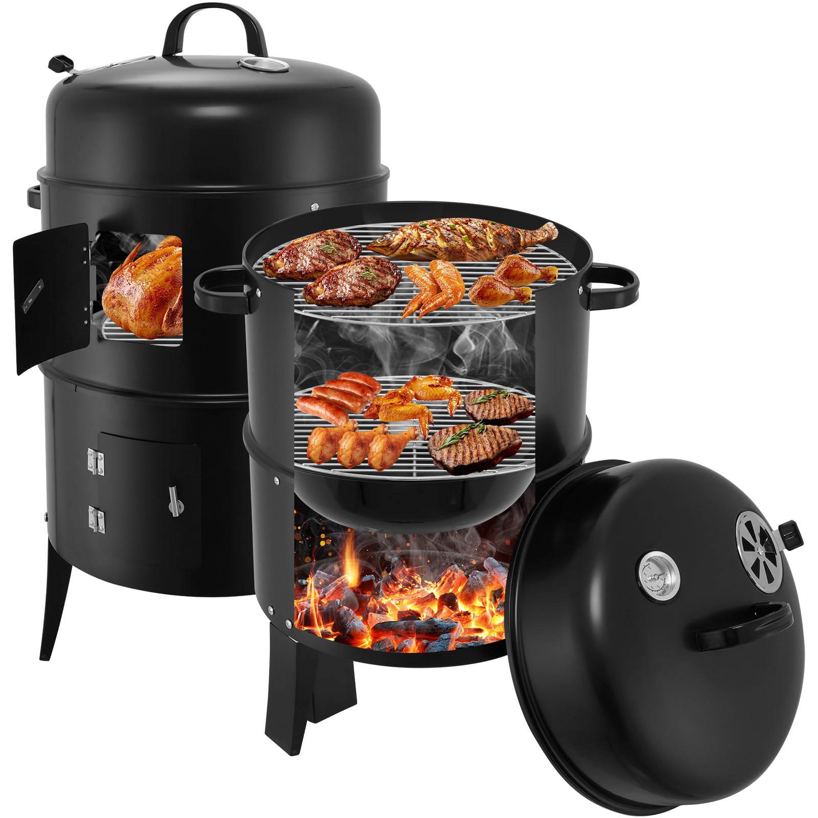 Horno 3 en 1 para ahumar, parrilla de carbón vegetal con tapa | Barbacoa para ahumar Barbacoa camping Barbacoa & Garen Barbacoa multifunción para ahumar