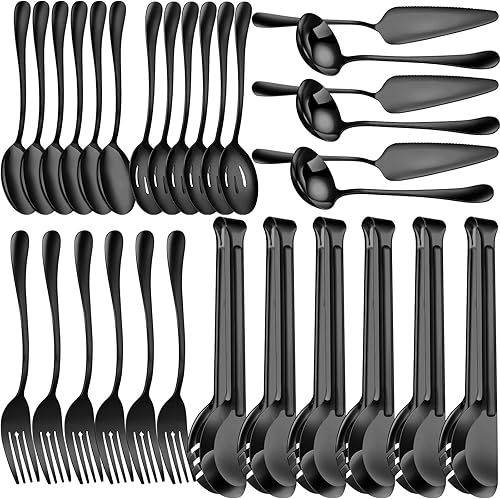 Juego de cubiertos de acero inoxidable de 30 piezas, incluye cucharas grandes para servir, cucharas ranuradas, tenedores para servir, sopa,
