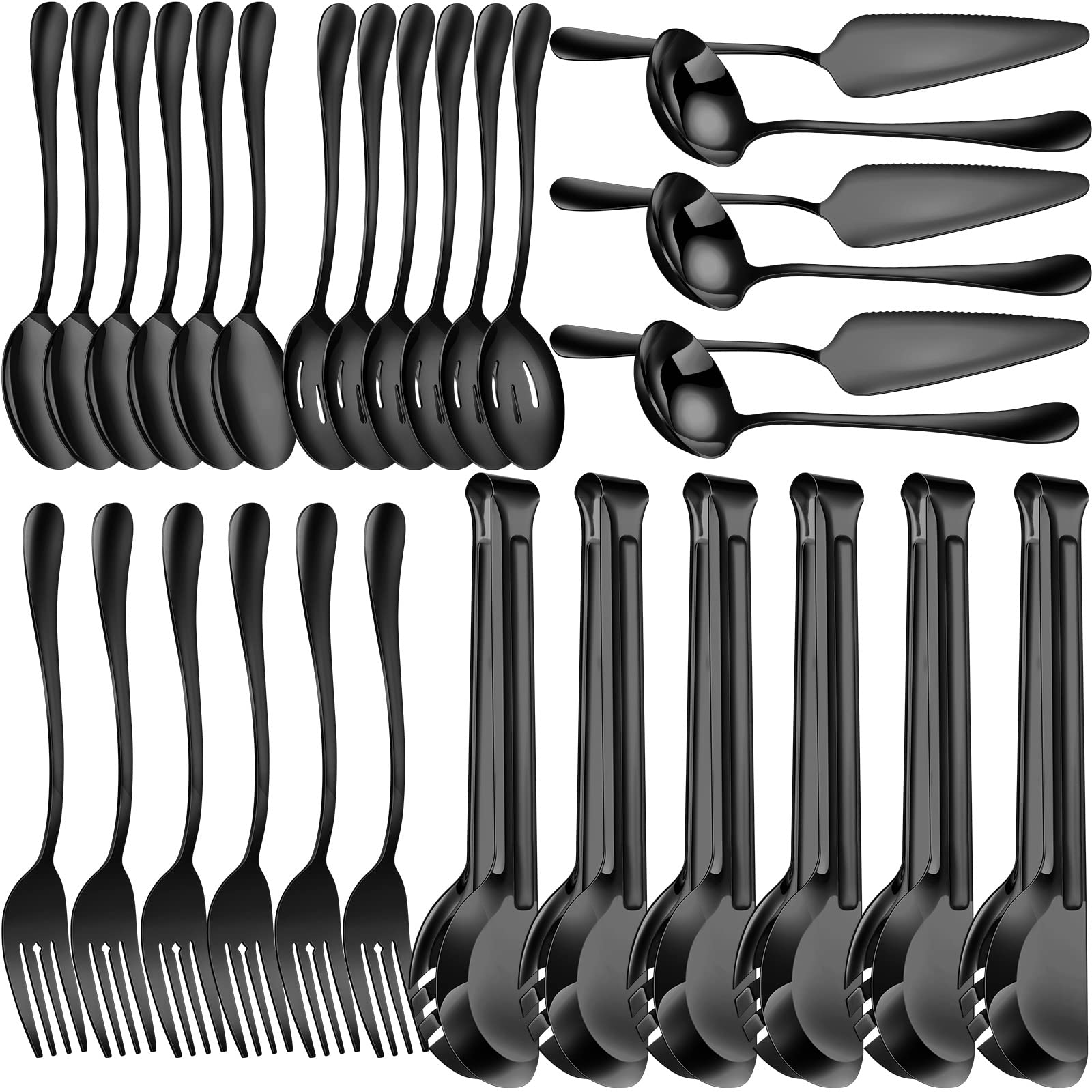 Juego de 30 utensilios de servir de acero inoxidable que incluye cucharas grandes ranuradas, tenedores de servir, cucharón de sopa, servidor de pastel y pinzas de servir para fiesta de buffet (negro)