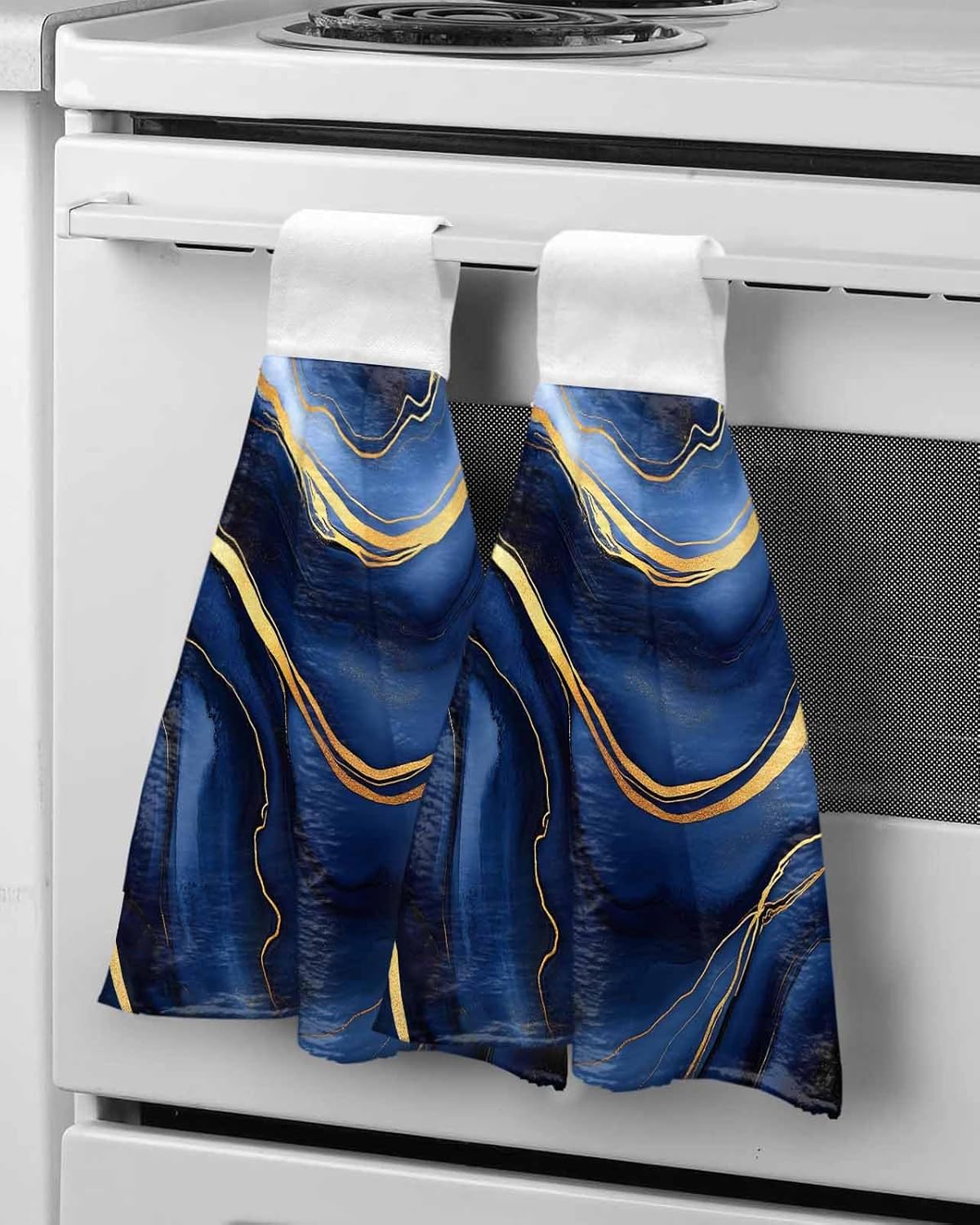 Marble Kitchen Hand Towels with Hanging Loops, Super Soft Thick Oven Fingertip Dry Microfiber Tie Dish Towel Absorbent Cleaning Washcloth for Bathroom, Kitchen Modern Navy Blue Abstract Gold