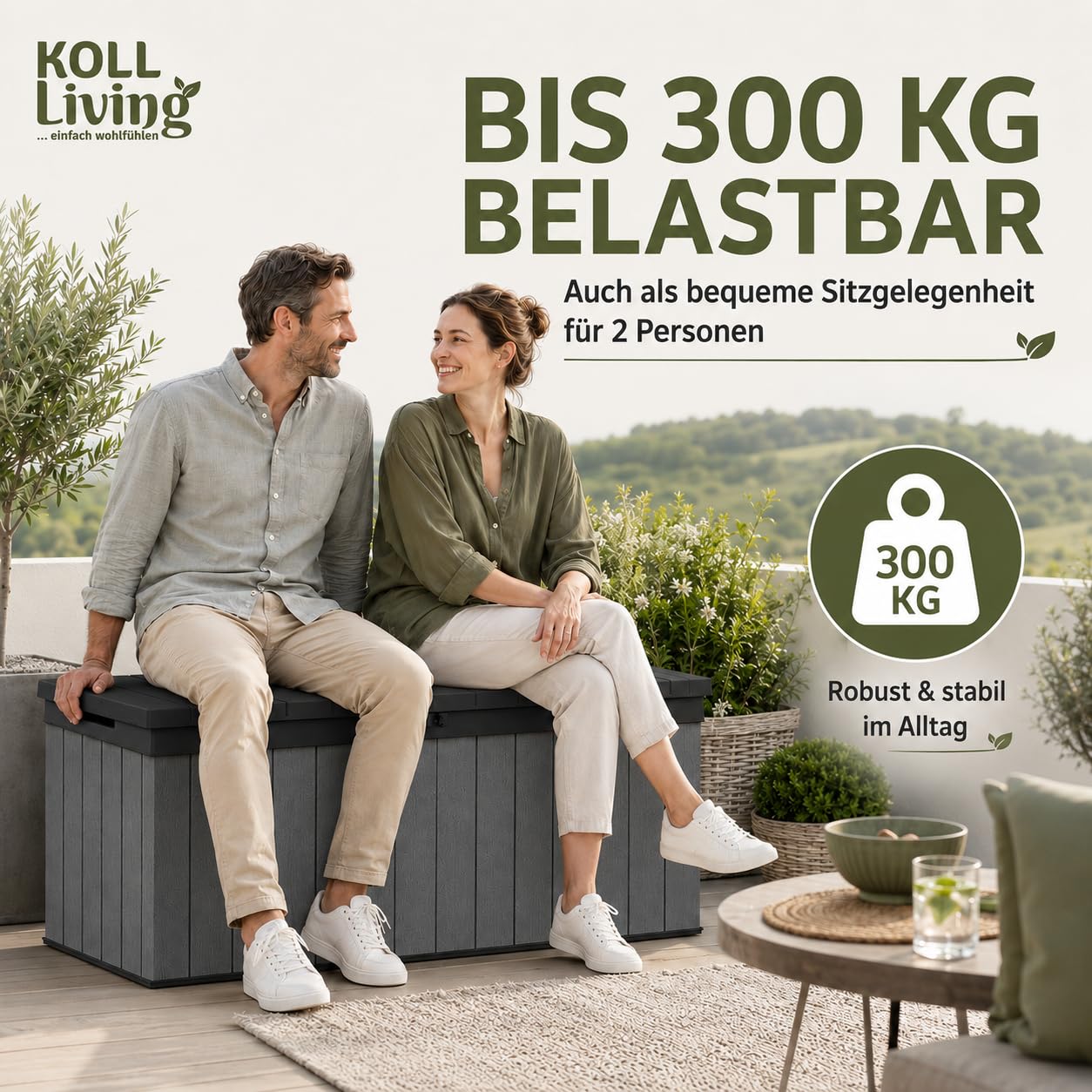 Koll Living Auflagenbox/Kissenbox 570 Liter l 100% Wasserdicht l mit Belüftung dadurch kein übler Geruch/Schimmel l Moderne Holzoptik l Deckel belastbar bis 300 KG (2 Personen)