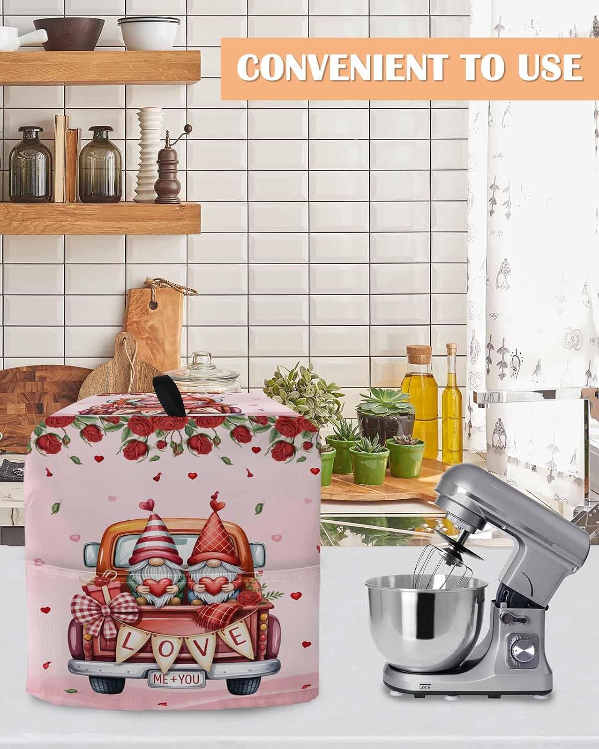 Stand Mixer Cover with Storage Pocket, Valentine's Day Waterproof Kitchen Mixer Covers, Red Roses Love Heart Gnomes Truck Pink Kitchen Appliance Dust Cover Compatible with 4/4.5 Quart Mixers