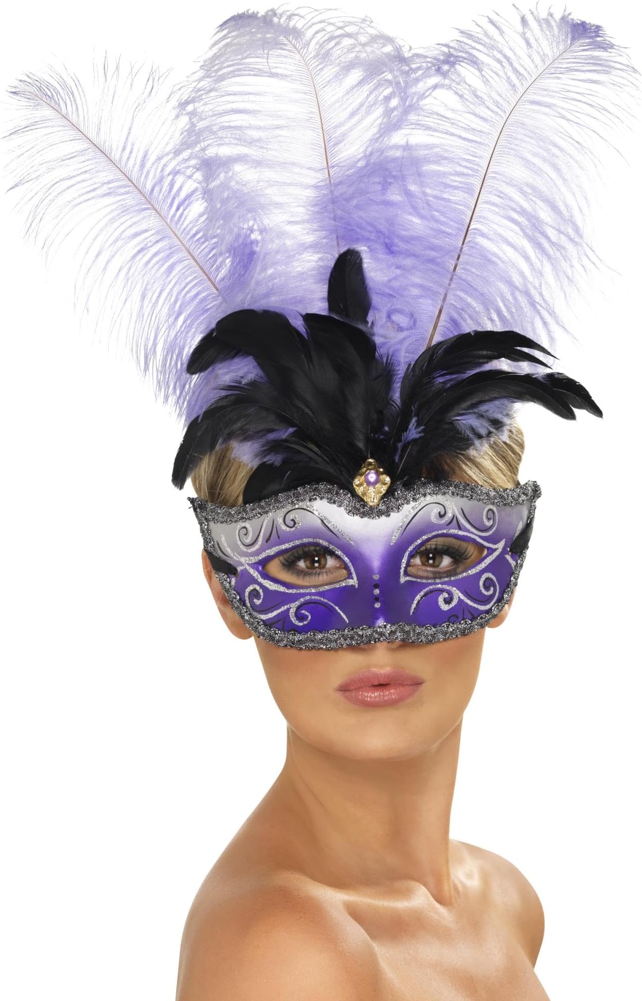 Smiffys Venetian Colombina Eyemask with Multicolour Plume, , Eyemasks Fancy Dress, Adult Dress Up Eye masks