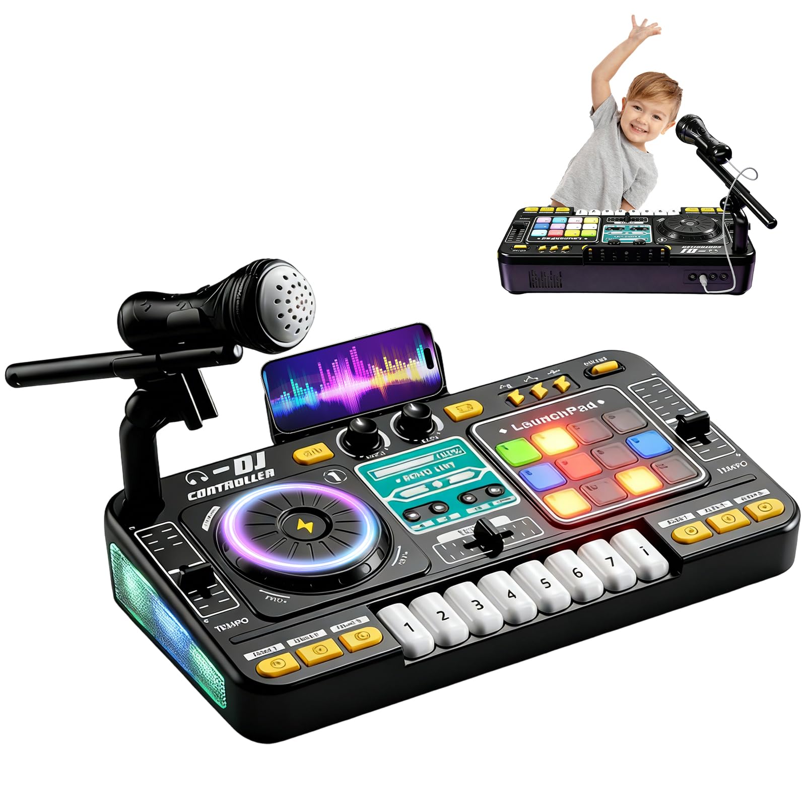 Table de mixage DJ pour enfants 3-12 ans, DJ Mixer Controller pour enfant Platines DJ Musicale avec 100+ effets sonores, micro, Lumières kit de mixage DJ Enfants Chargement USB, Bluetooth(schwarz)