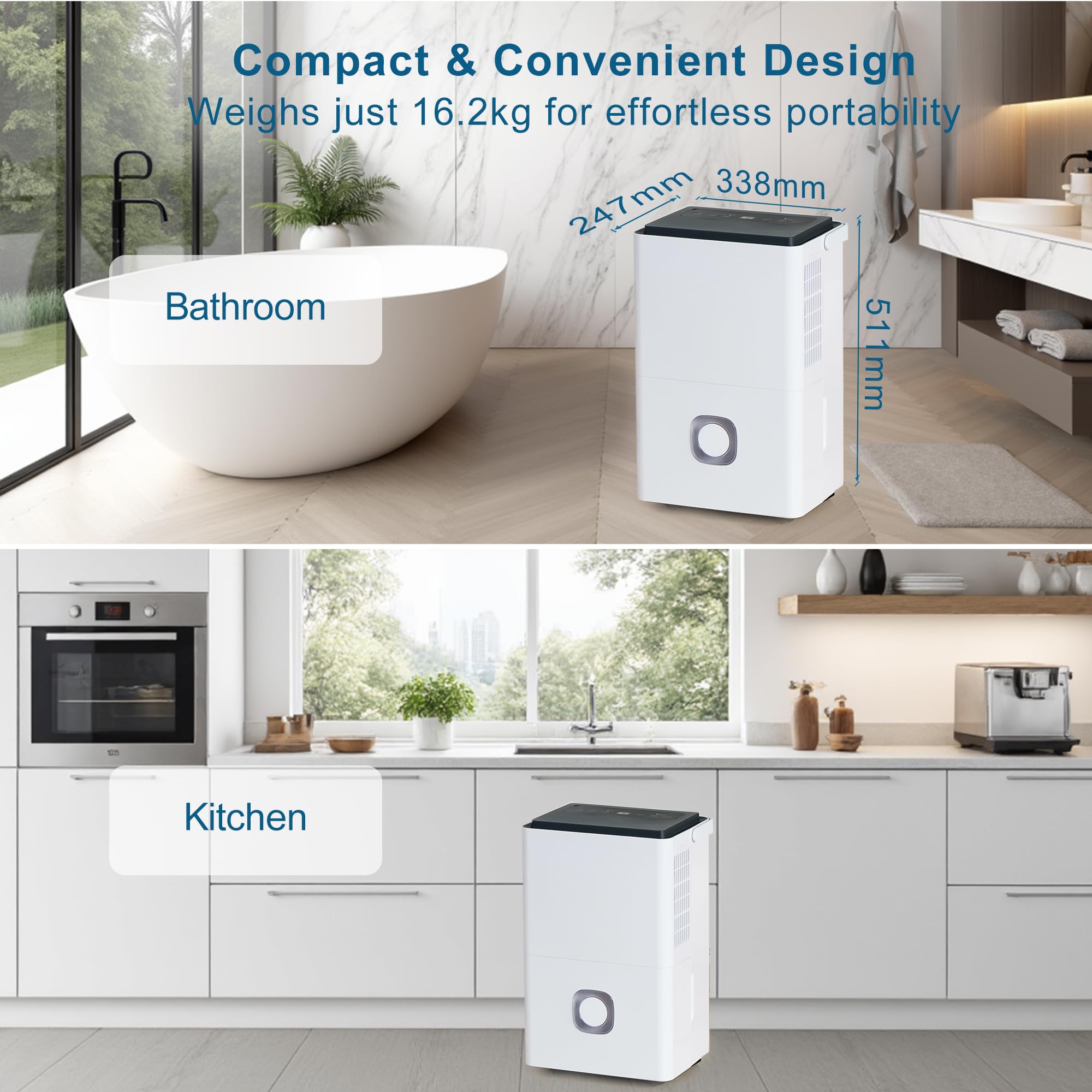 Deumidificatore Casa Muffa Elettrico: 65L/24h Deumidificatori Ambienti 120㎡Serbatoio 4.5L Scarico Continuo Modalità Smart Silenzioso e Portatile per Bagno Cantina Ufficio Garage Appartamento