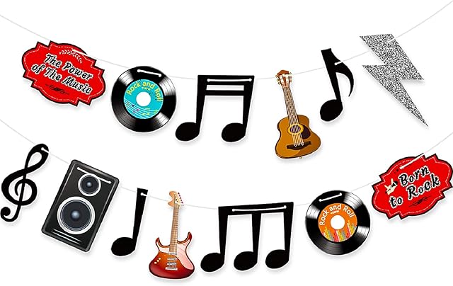 Music Note Decorations Banner 1950s Rock and Roll Party Decorations Musical Notes Silhouettes Rock and Roll Star 50s Theme Party Karaoke Music Wall Decor Cardboard Cutouts Electric Record Cutout